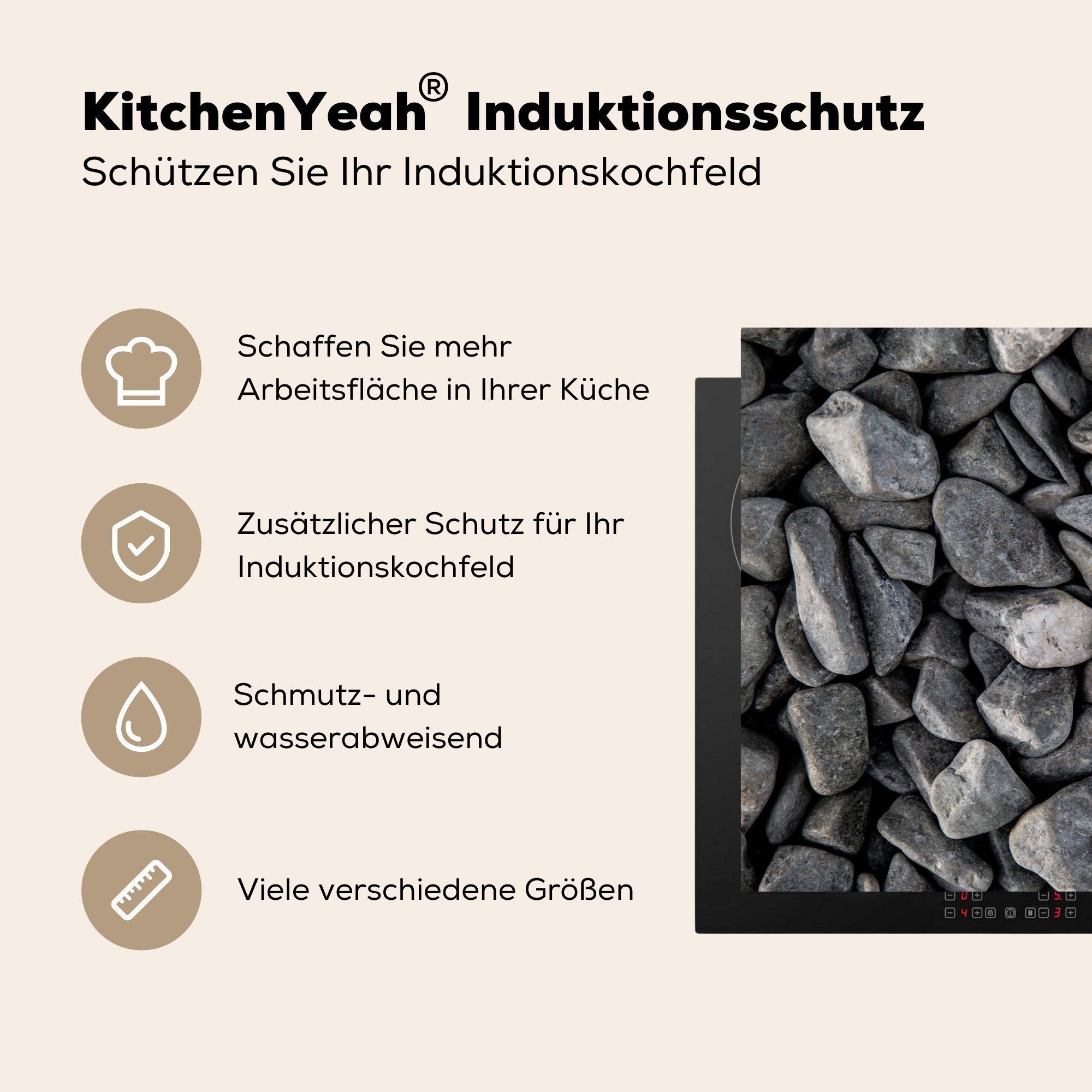 MuchoWow Herdblende-/Abdeckplatte Induktionskochfeld für - Vinyl, die cm, 81x52 - tlg), Kies, Ceranfeldabdeckung Natur Schutz Grau küche, (1