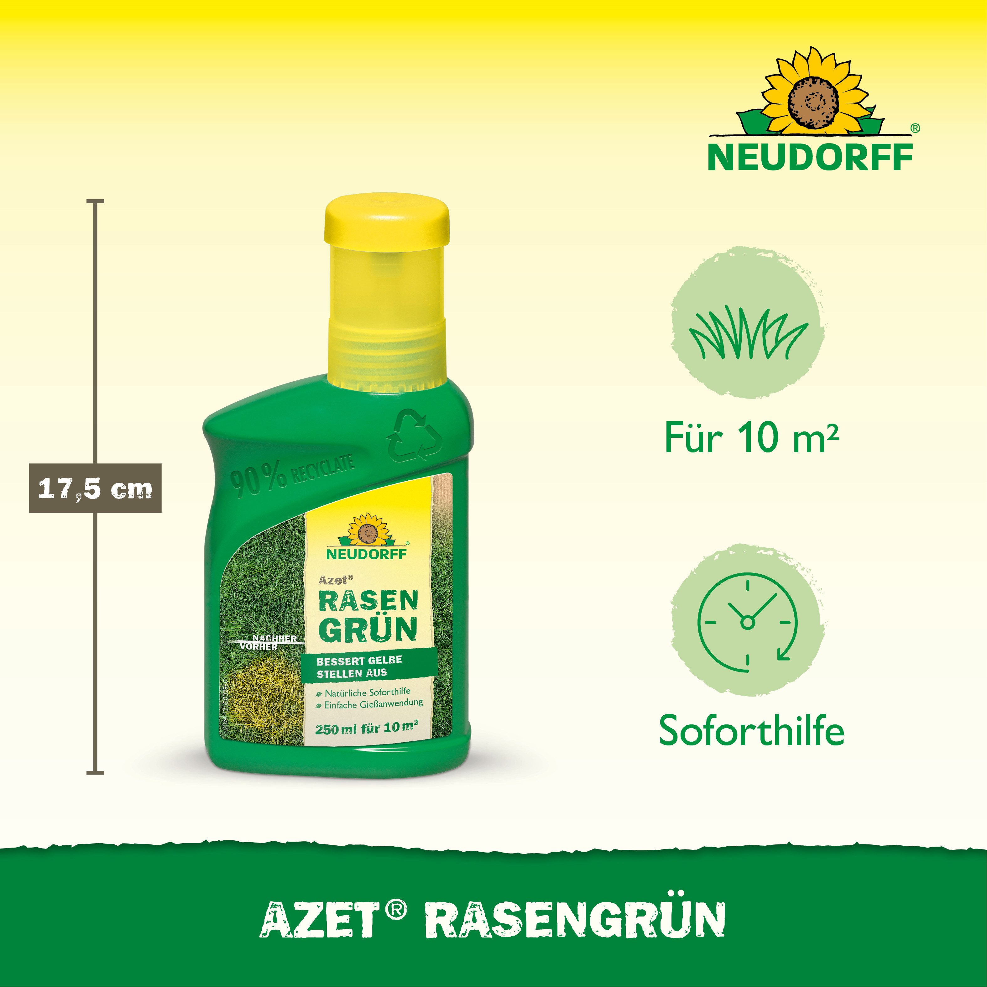 Neudorff Rasendünger Azet Rasengrün 250 ml, Gezielte Gießanwendung bei gelben Rasenstellen, Mit 6 % Stickstoff & 3 % Eisen für eine schnelle Grünfärbung, Sofort – Bild 3 von 5