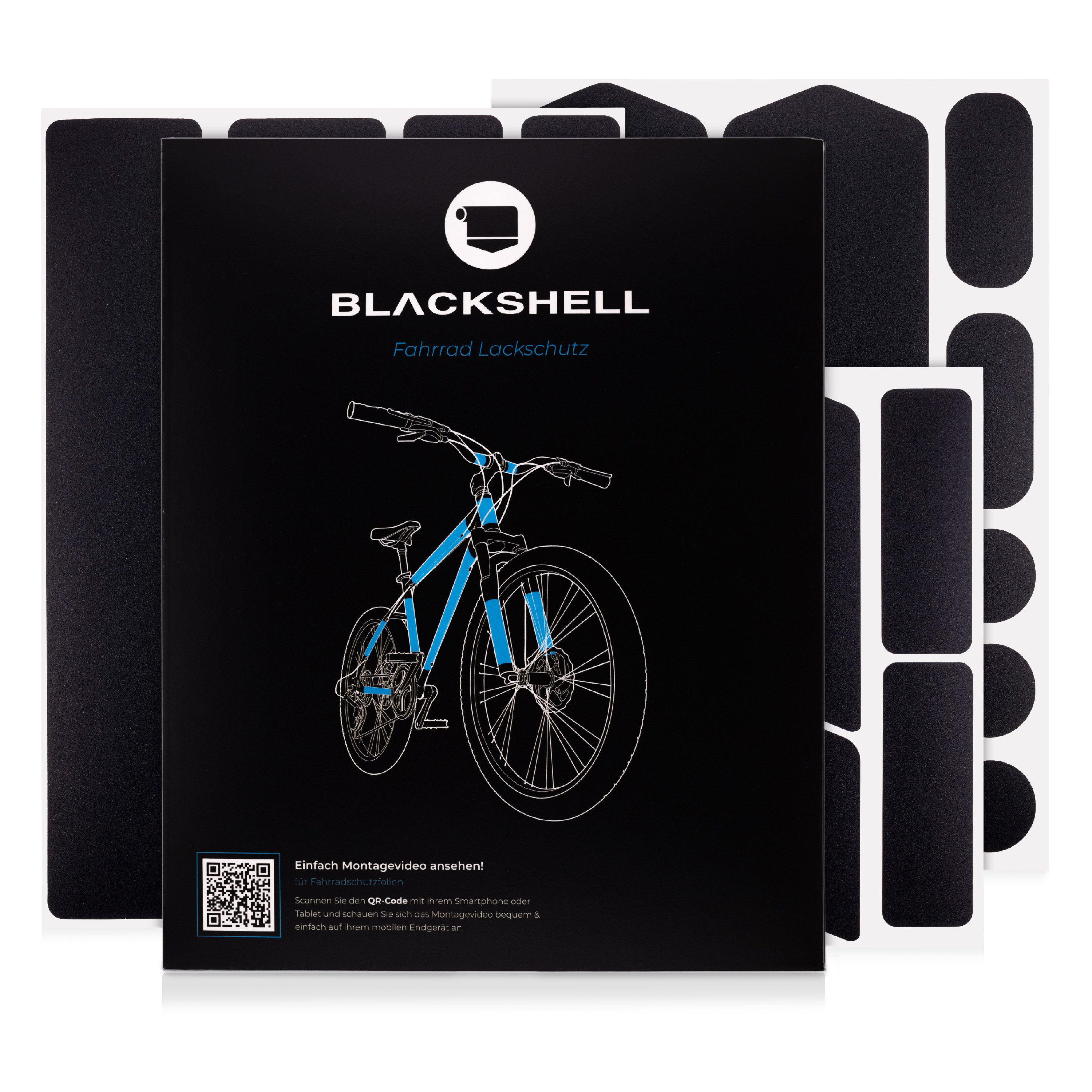 Blackshell Lackschutzfolie Fahrrad Aufkleber Schutzfolie Rahmenschutz für alle Rahmentypen, (Set, 21 teiliges Lackschutzset entwickelt für den Steinschlagschutz), Schützt Ihr Fahrrad vor sämtlichen schädigenden Einflüssen