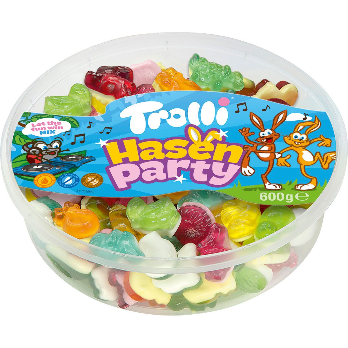 TROLLI Süßigkeit, Trolli Hasenparty Fruchtgummis mit weißem Schaumzuckerboden 600g