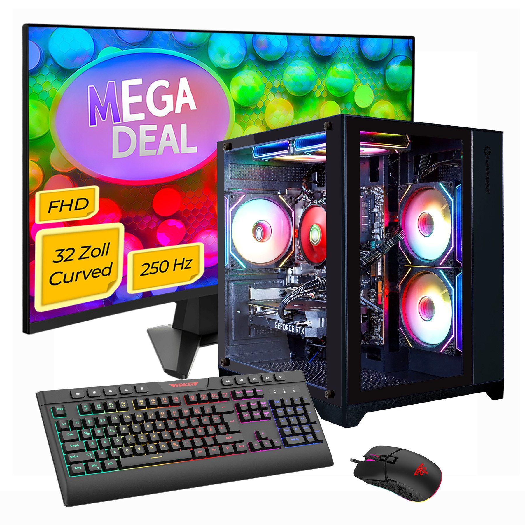 GAMEMAX MegaDeal Infinity Mini BK 2700 Ryzen 7 5700X RTX 5060Ti 16GB 1TB SSD Gaming-PC-Komplettsystem (32", AMD Ryzen 7 5700X, RTX 5060 Ti, 16 GB RAM, 1000 GB SSD, Windows 11 + MSI MAG 32C6X Curved Monitor, 80cm (32)
