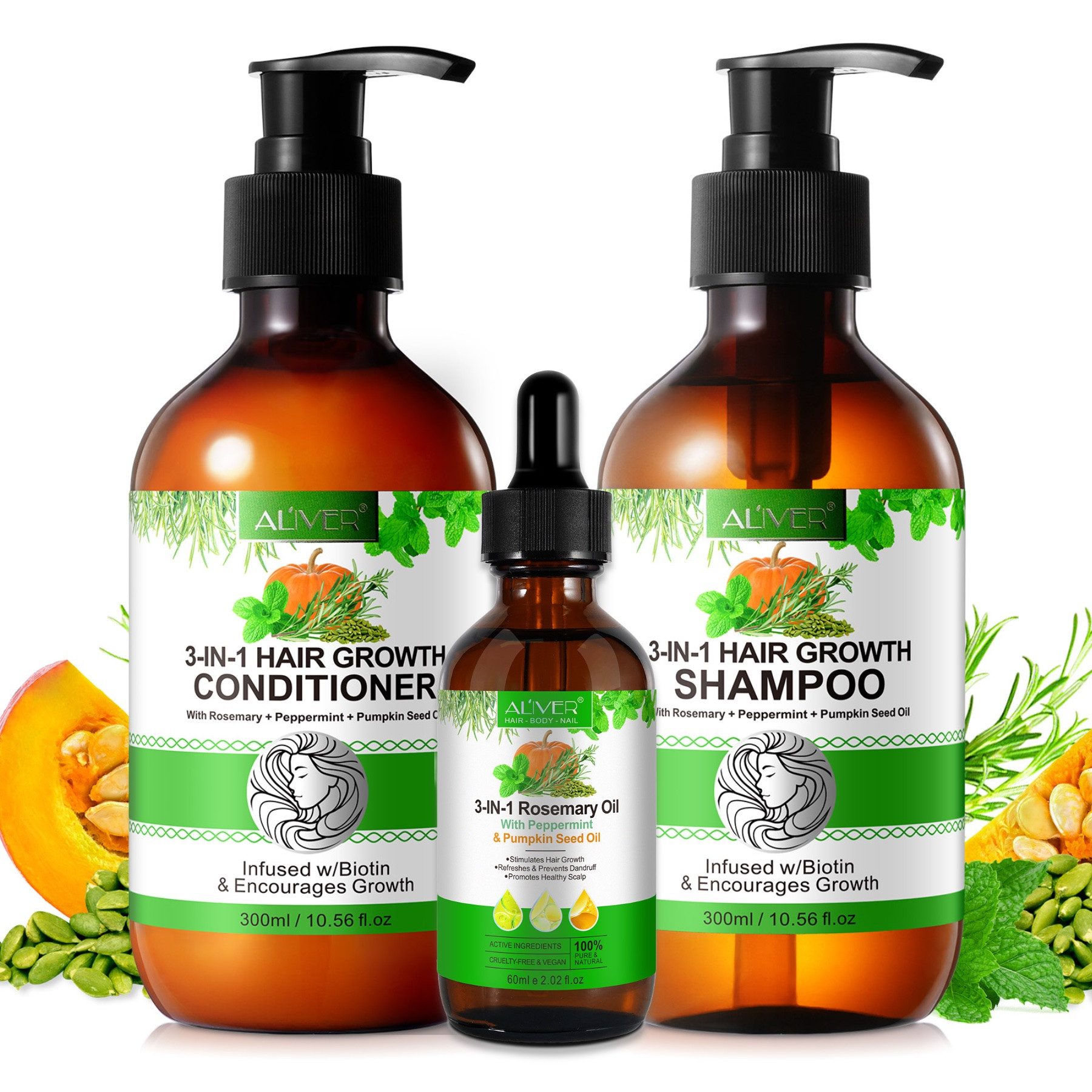 ALIVER Haarpflege-Set Shampoo Conditioner Haaröl mit Biotin Rosmarin Minze Kürbis Vegan, Enthält Mineralien, Enthält Vitamine, Fair Trade
