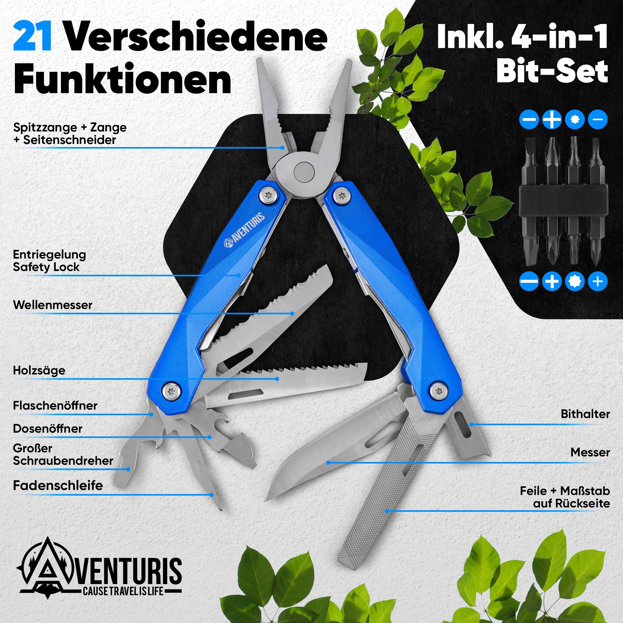 AVENTURIS Multitool T21 aus Edelstahl mit 21 Funktionen! Perfekt fürs Wandern und Campen, Edelstahl – Bild 4 von 5