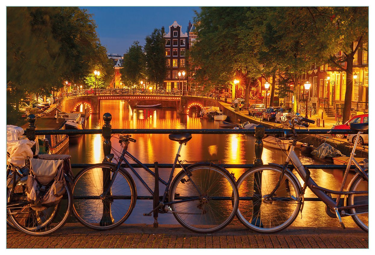 Amsterdam - (1-tlg) Küchenrückwand und bei Fahrräder, Wallario Brücken Nacht