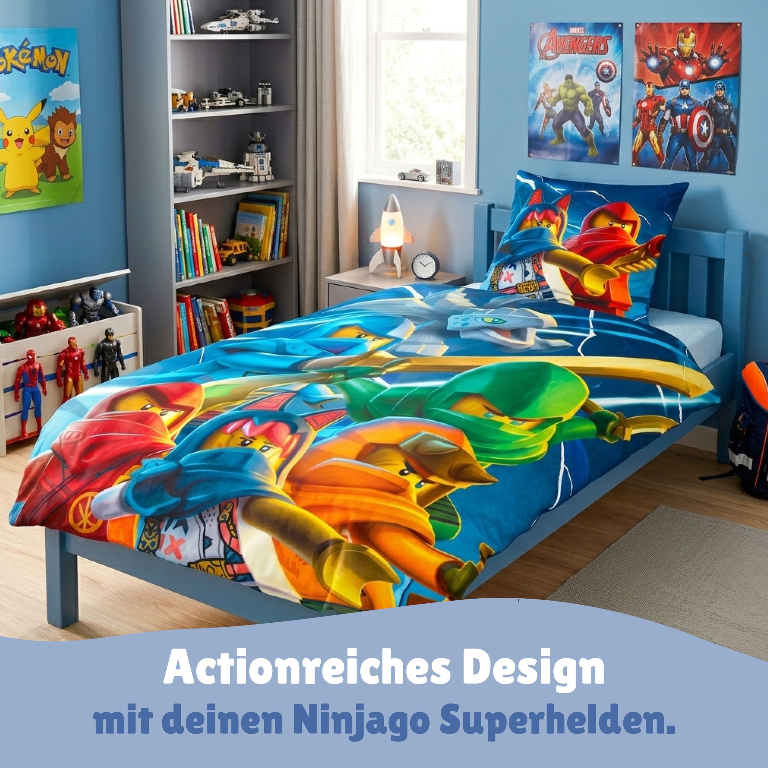 Familando Kinderbettwäsche Lego Ninjago Blau mit Lloyd Jay Kai uvm. aus 100% Baumwolle, Renforcé, 2 teilig, 135x200 80x80cm mit Reißverschluss, Wendebettwäsche – Bild 4 von 5