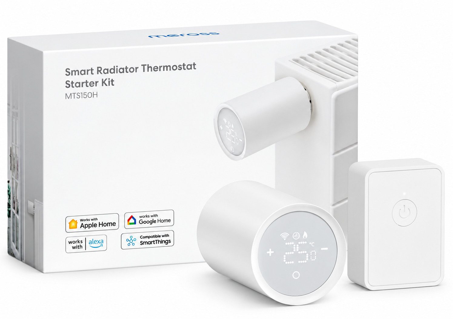 TSE Heizkörperthermostat Meross Smart Heizkörperthermostat Starter Kit mit Hub & App-Steuerung, (Starter Kit, Heizkörperthermostat inklusive erforderlichem Smart Hub) App-Steuerung, Heizpläne, Fenstererkennung, Sprachsteuerung