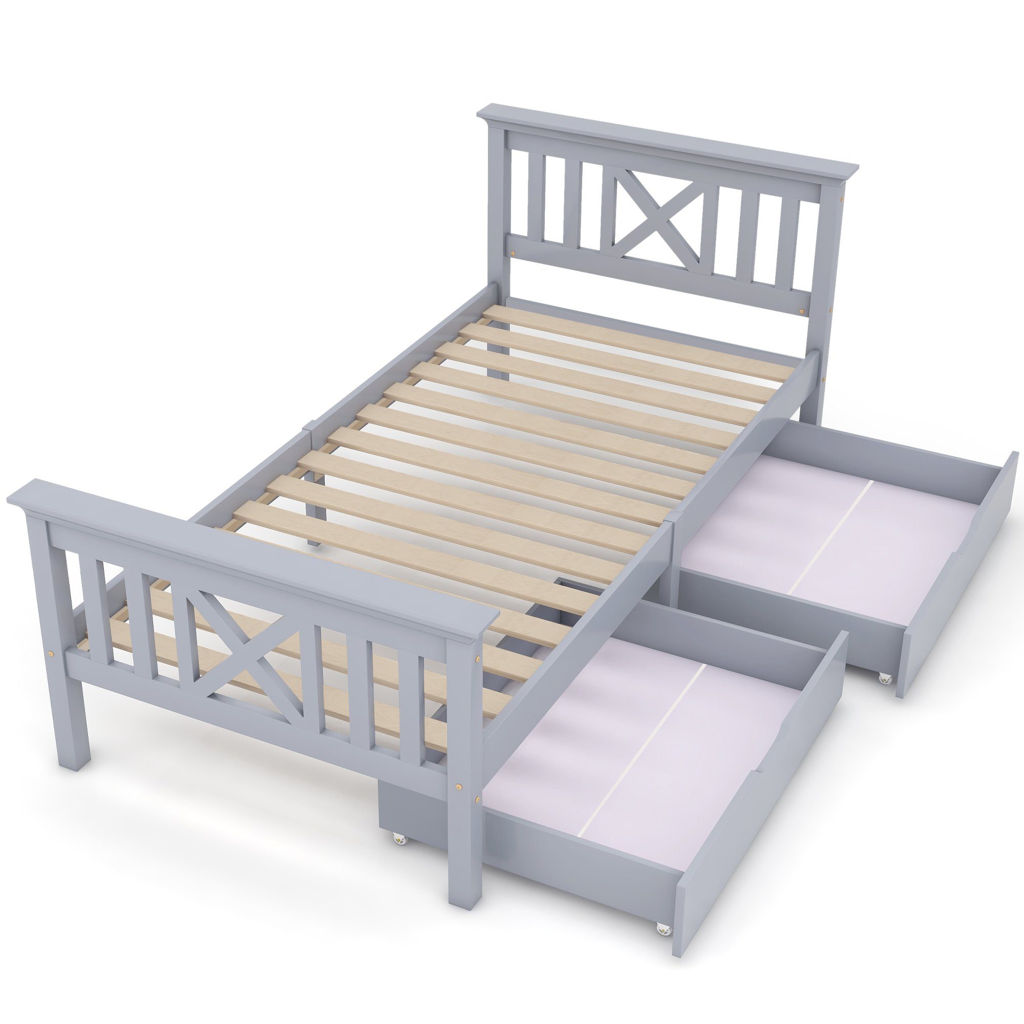 Massivholzbett, Einzelbett Holzbett mit 2 Schubladen, Lattenrost und Kopfteil 90x200cm