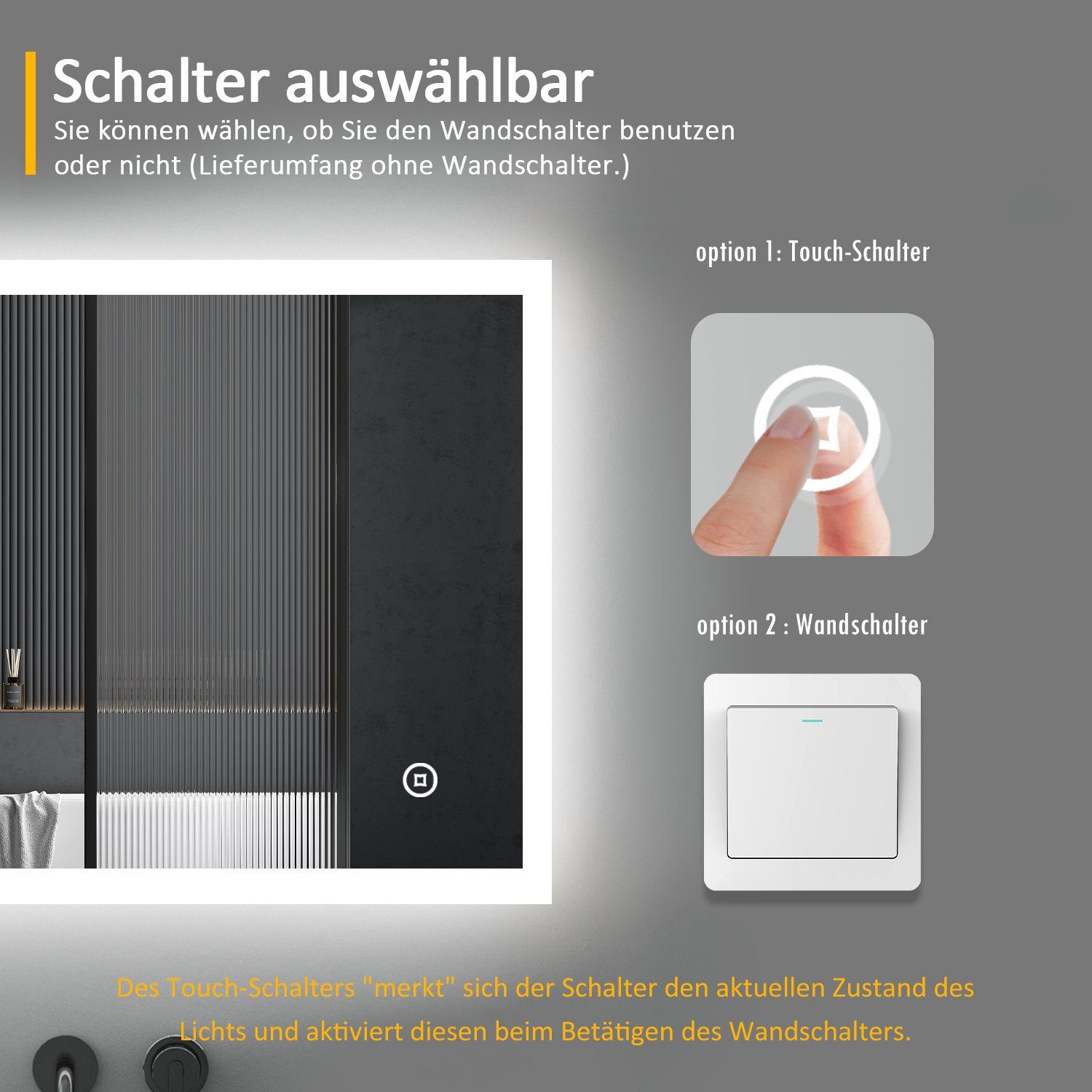 WDWRITTI Badspiegel Badezimmerspiegel mit Beleuchtung Wandspiegel Led Touch Wandschalter (Spiegel Bad, 3Lichtfarben, Memory, Helligkeit dimmbar), 3000K/4000K/65 – Bild 5 von 5