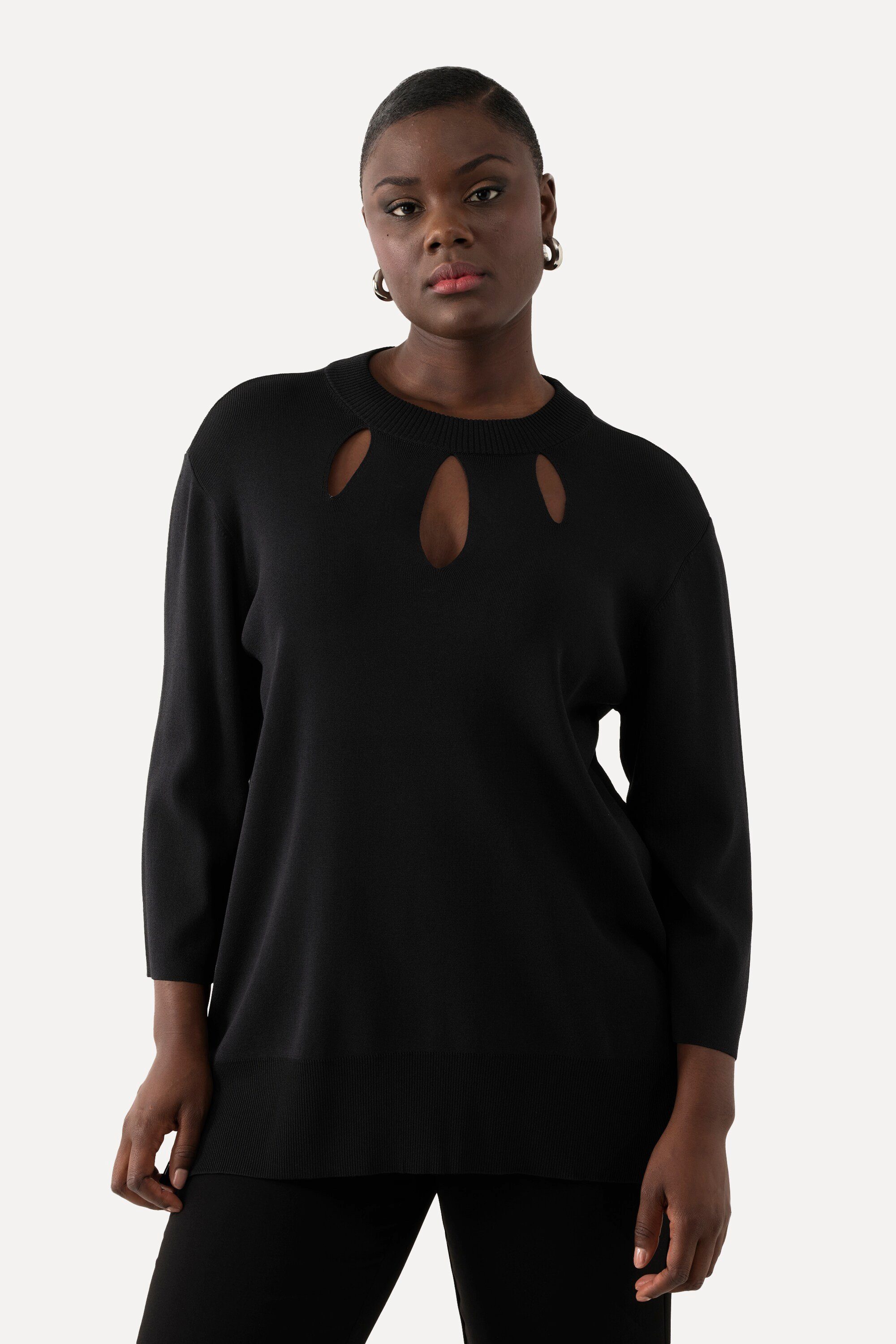Strickpullover Pullover Cut-Outs Stehkragen 3/4-Arm Rippstrick