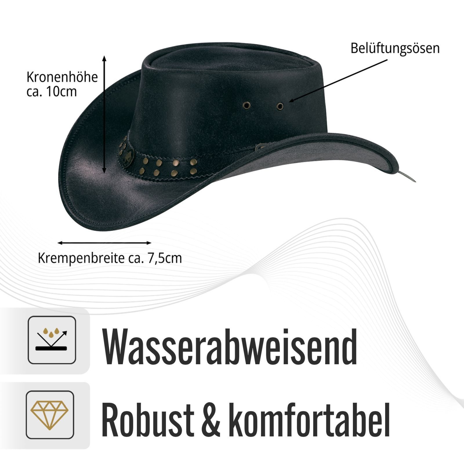 BLACK FOREST FOX Cowboyhut Buffalo Bill Herren Damen Western Cowboy Leder Hut in 5 Farben Lederoptik