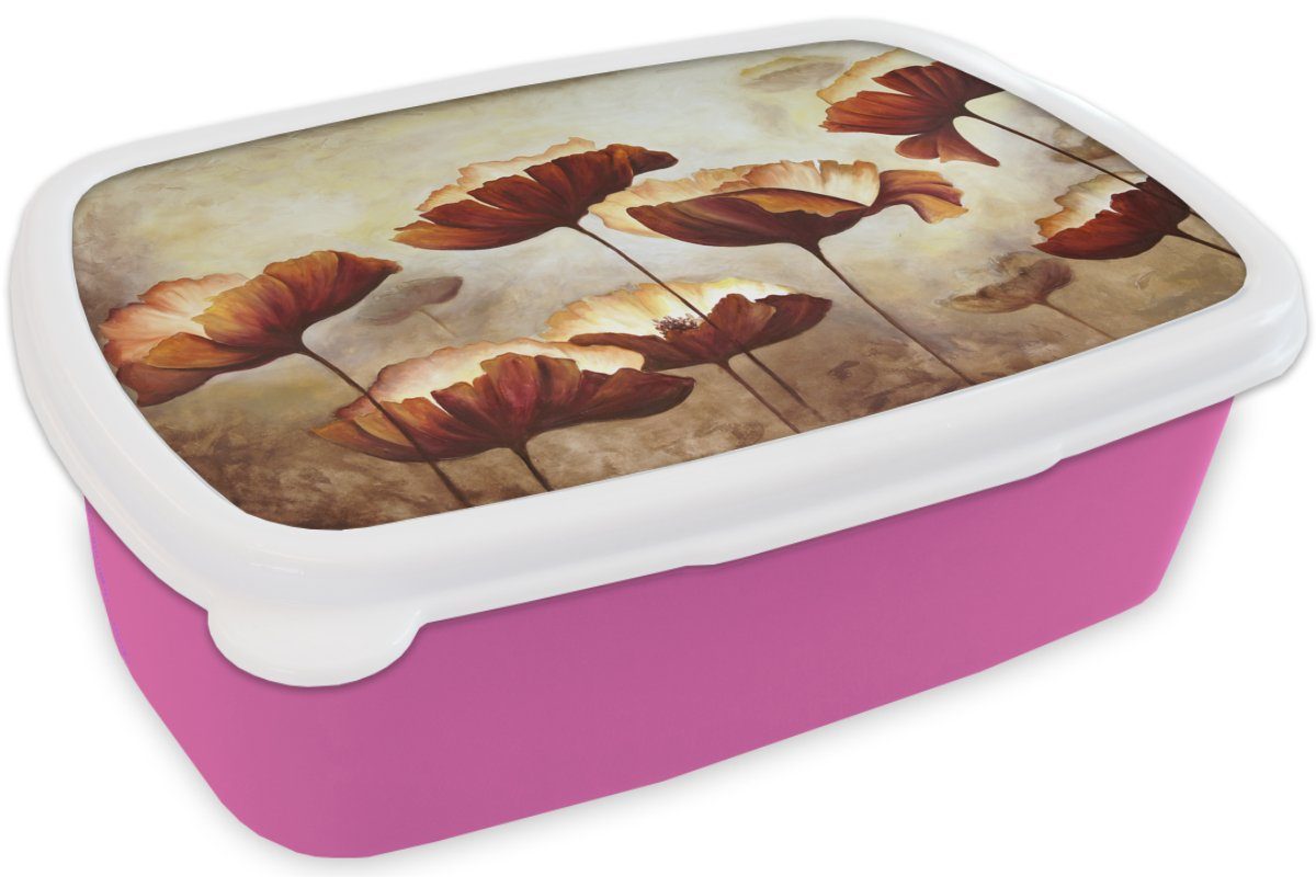 MuchoWow Lunchbox - Brotbox - Snackbox, Kinder, Mädchen, Malerei Pflanzen, rosa Ölfarbe (2-tlg), Erwachsene, für Kunststoff, Kunststoff - Brotdose Blumen