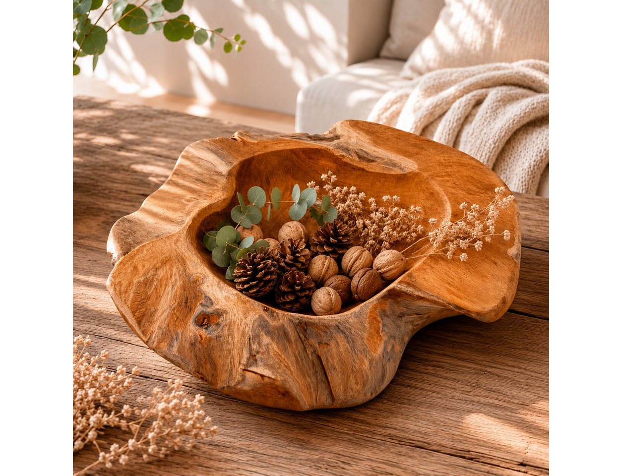 Online-Fuchs Dekoschale aus Teakholz als Obstschale, Schlüsselbrett, Schmuckkästchen (jede Schale ein Unikat, vielseitige Funktionalität), massives Teakholz, markante Maserung, rustikaler Charme