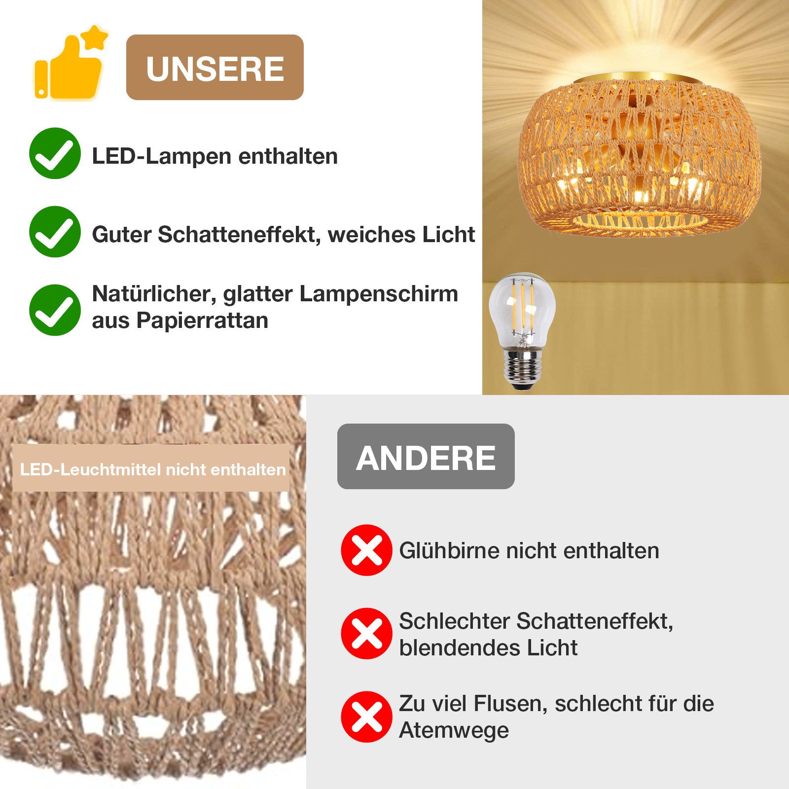 Rosnek Pendelleuchte Deckenleuchte Esszimmer aus Rattan, 3x E27, 40 W, Halogen, Boho Rattan Style for Dining Room & Living Room