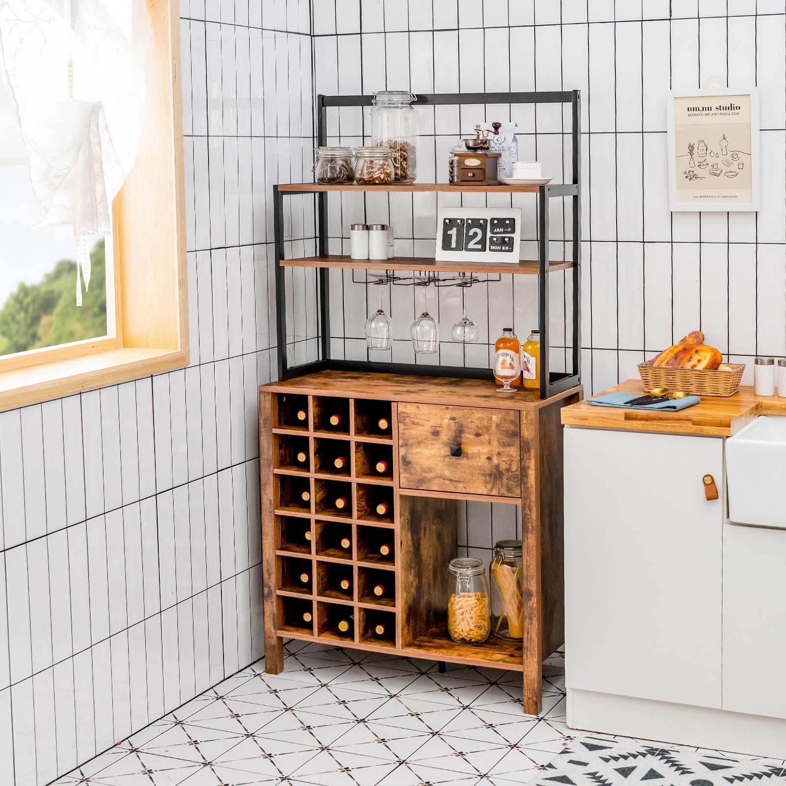 COSTWAY Küchenbuffet 4 Ebenen Schrankmit Weinregal, günstig online kaufen
