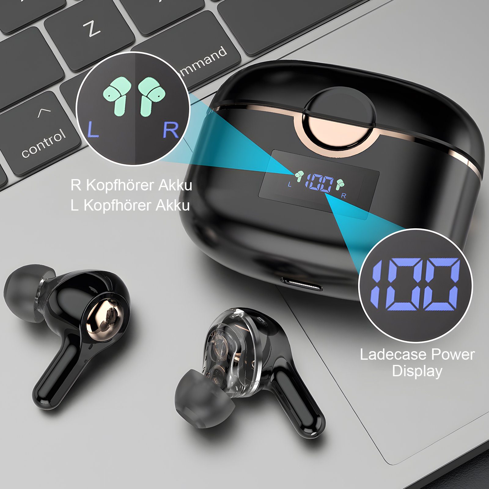 Headset LED-Anzeige, mit IPX5, 7 In-Ear-Kopfhörer EXTSUD Rauschunterdrückungsfunktion, Standby-Zeit, 30-Stunden Musikspielzeit) ANC Bluetooth Ladefach (Sprachassistent, Gerauschreduzierungsfunktion Bluetooth 5.2 Kopfhörer HIFI-Stereo, Stunden Schwarz Kabellos