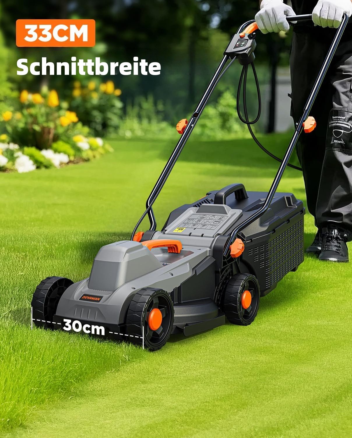 DOVAMAN Electric Lawn Mower 1300W, 33cm Cutting Width, 3-Position Height Adjustable, 95% Grass Collection Rate