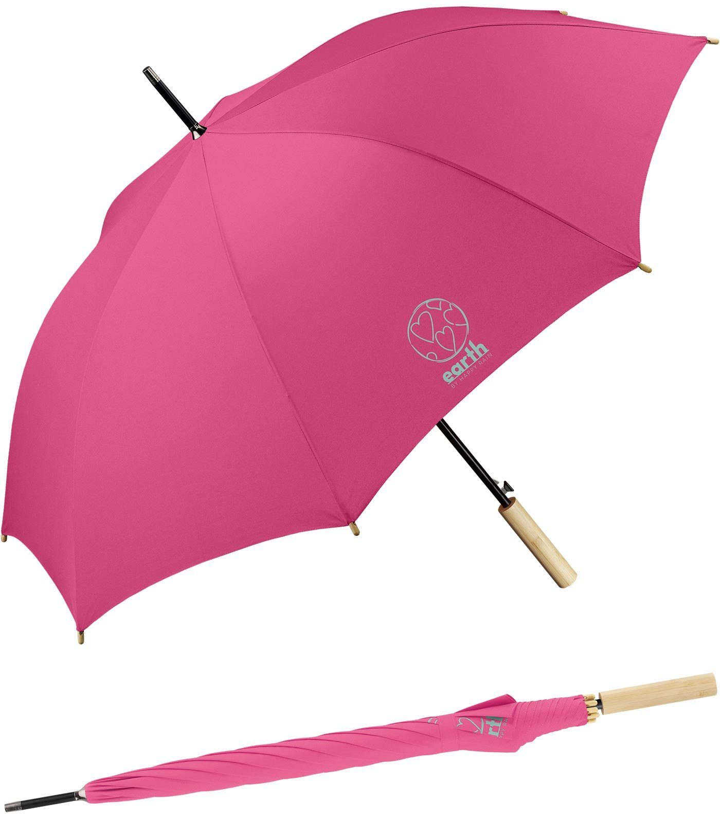 HAPPY RAIN Langregenschirm Earth - nachhaltiger Schirm mit Auf-Automatik, gut geschützt etwas für die Umwelt tun pink