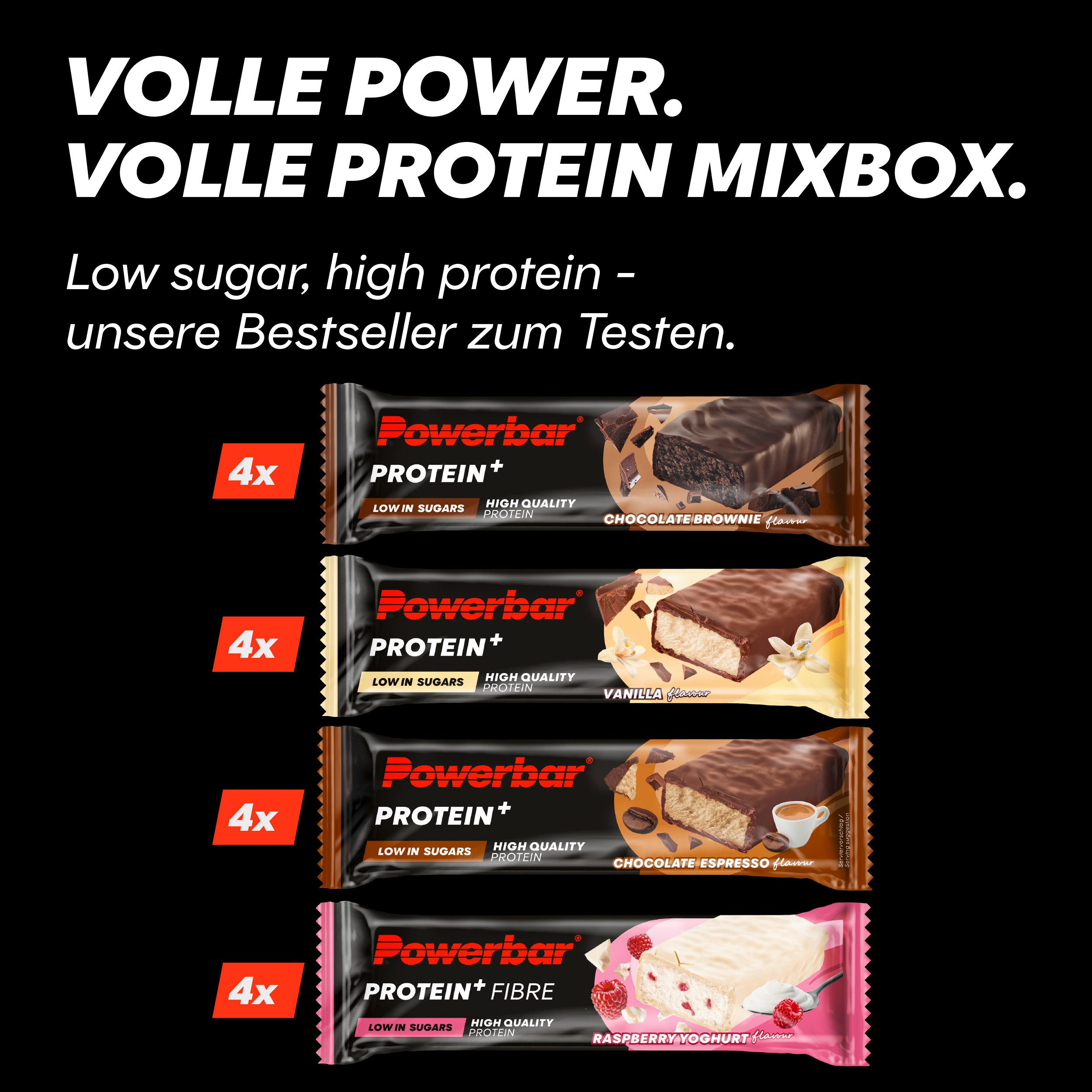 PowerBar Protein Plus Low Sugar Multiflavour Box Eiweißriegel 16x 35 g Riegel, 16 er Multiflavour Pack à 16 St., 560 g, 11g Eiweiß pro Riegel
