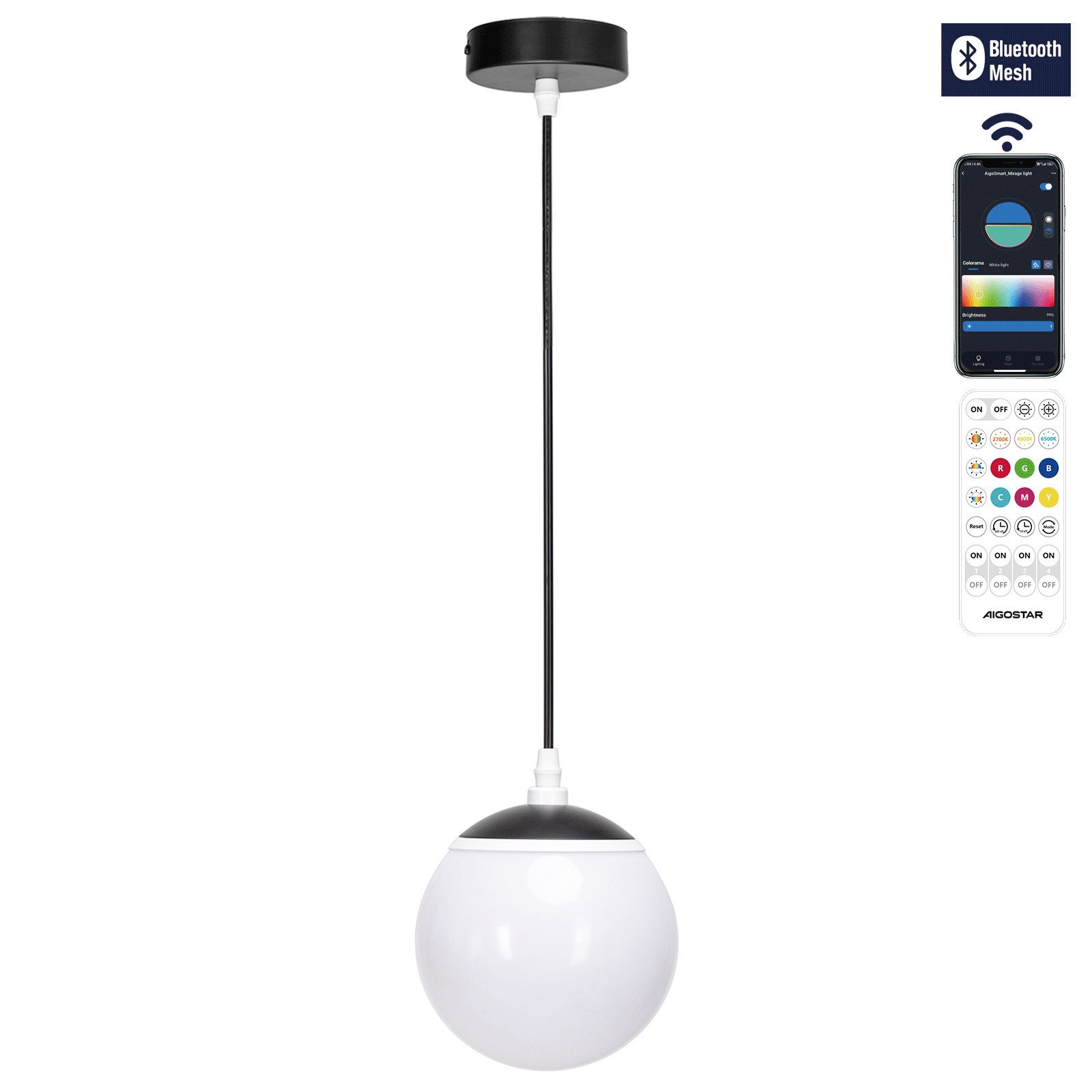 Aigostar LED Kronleuchter Smart Pendant Light LED Bluetooth Mesh, 8W 800LM, 2700K-6500K dimmbar, modern Schwarze Hängelampe,8W 800LM, 2700K-6500K dimmbar