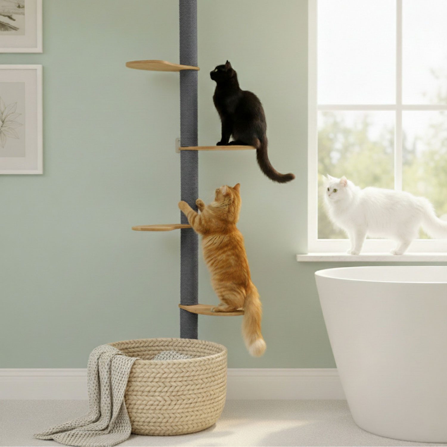 eyepower Kratzbaum zur Wandmontage - 205cm Wandkratzbaum für Katzen mit 4 Bambus Plateaus, Sisalstamm Wand - Katzenkratzbaum platzsparend - Kletterwand Katze