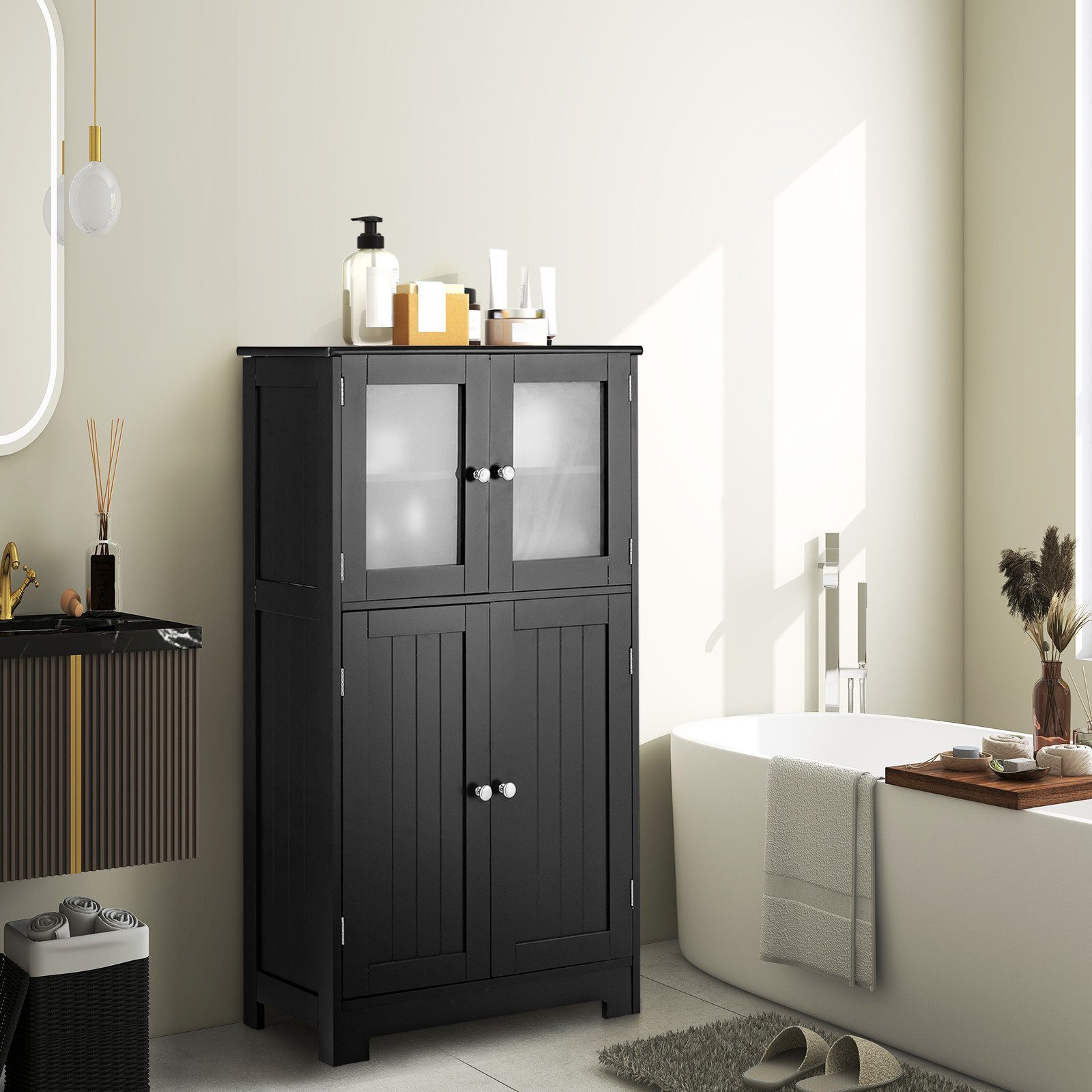 COSTWAY Mehrzweckschrank Vorratsschank Badezimmer mit verstellbarem Regal schwarz