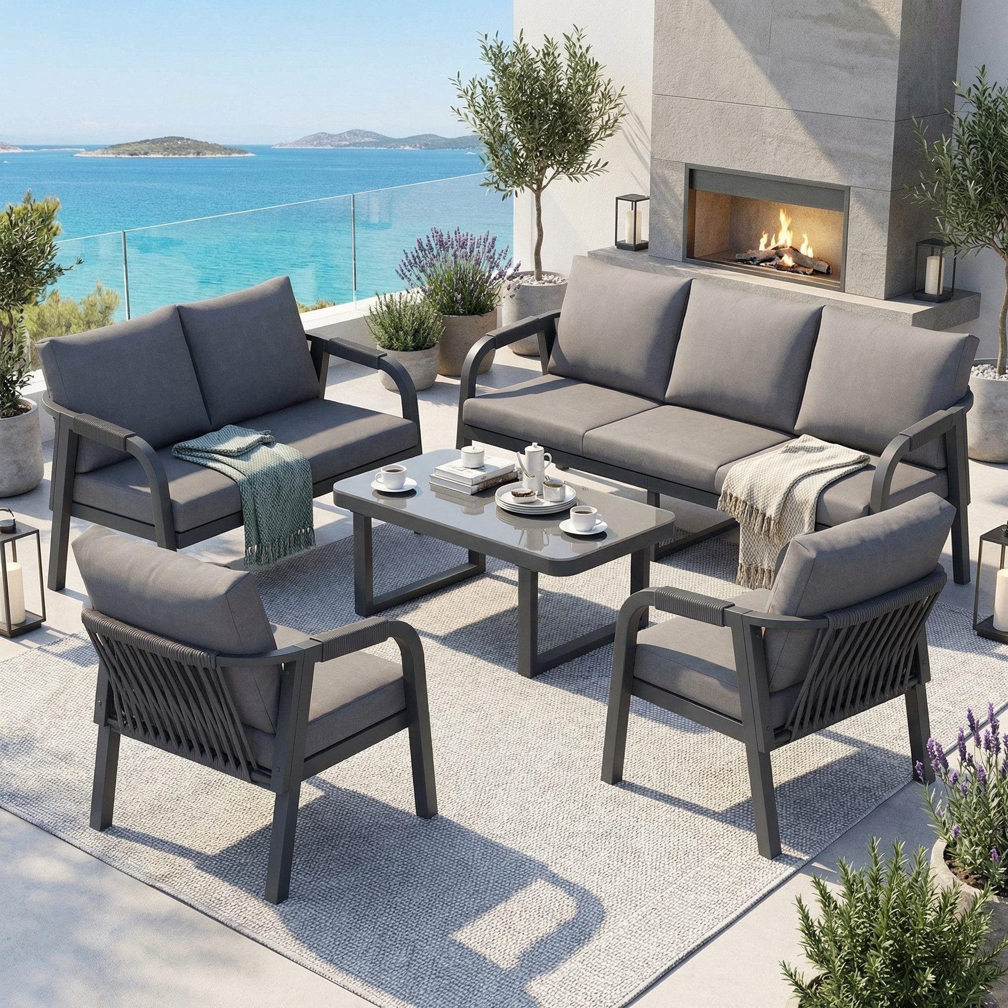 OKWISH Gartenlounge-Set 5-tlg. für 7 Personen, mit geflochtenem Seil, (Spar-Set, 5-tlg., 3-Sitzer-Sofa, 2-Sitzer-Sofa, 2 Sessel und 1 Couchtische), Tischplatte aus Glas, Gestell aus verzinktem Eisen