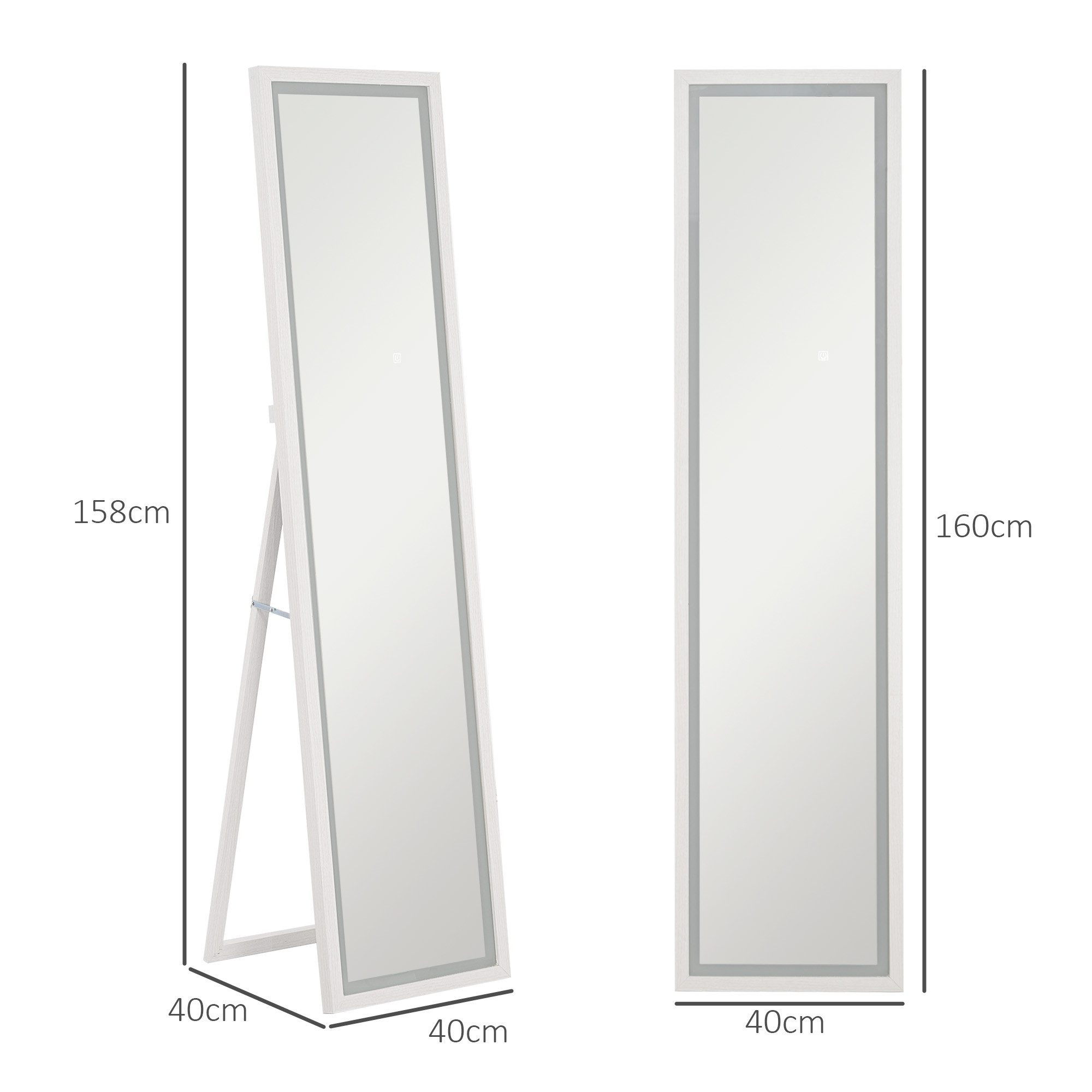 HOMCOM Standspiegel 40 x 160 cm, mit LED Lichte, Touch-Steuerung (Wandspiegel, 1-St., Ganzkörperspiegel), für Schlafzimmer, Wohnzimmer, Weiß