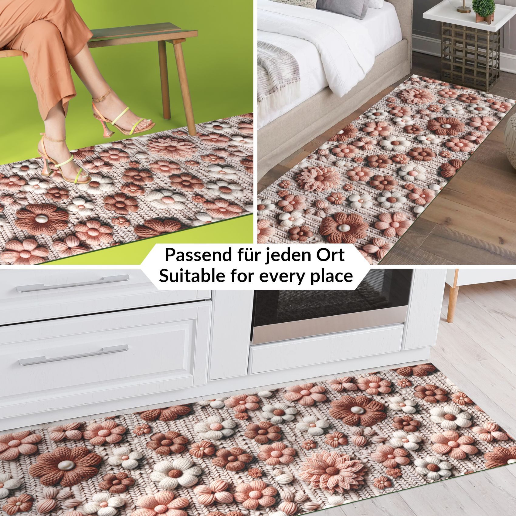ANRO Küchenläufer RANNA pflegeleicht Teppichläufer Bodenmatte Flurläufer Küchenteppich, eckig, Höhe: 3 mm, Meterware rutschfest 100cm Landhaus Altrosa Beige wasserdicht