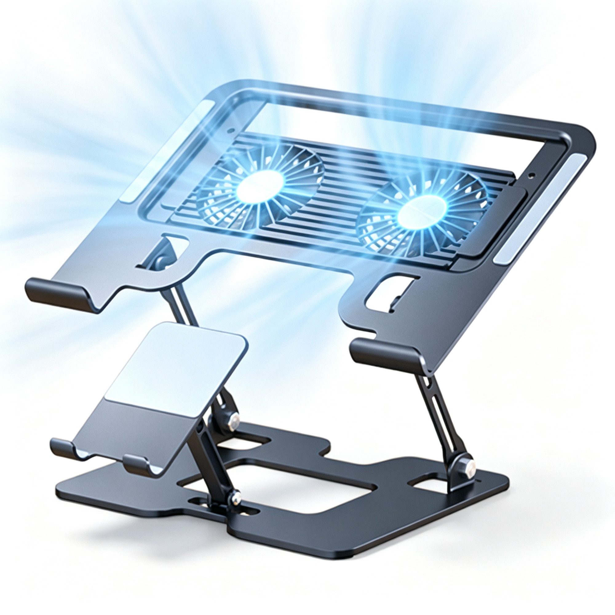 OYLCDI Laptop-Ständer Notebook-Kühler Verstellbarer Laptopständer Tablet-Halterung, (zusammenklappbar,mit Doppel-Lüfter und RGB-Beleuchtung, ergonomischer Notebook-Ständer, kompatibel mit Laptop, Tablet und Smartphone)
