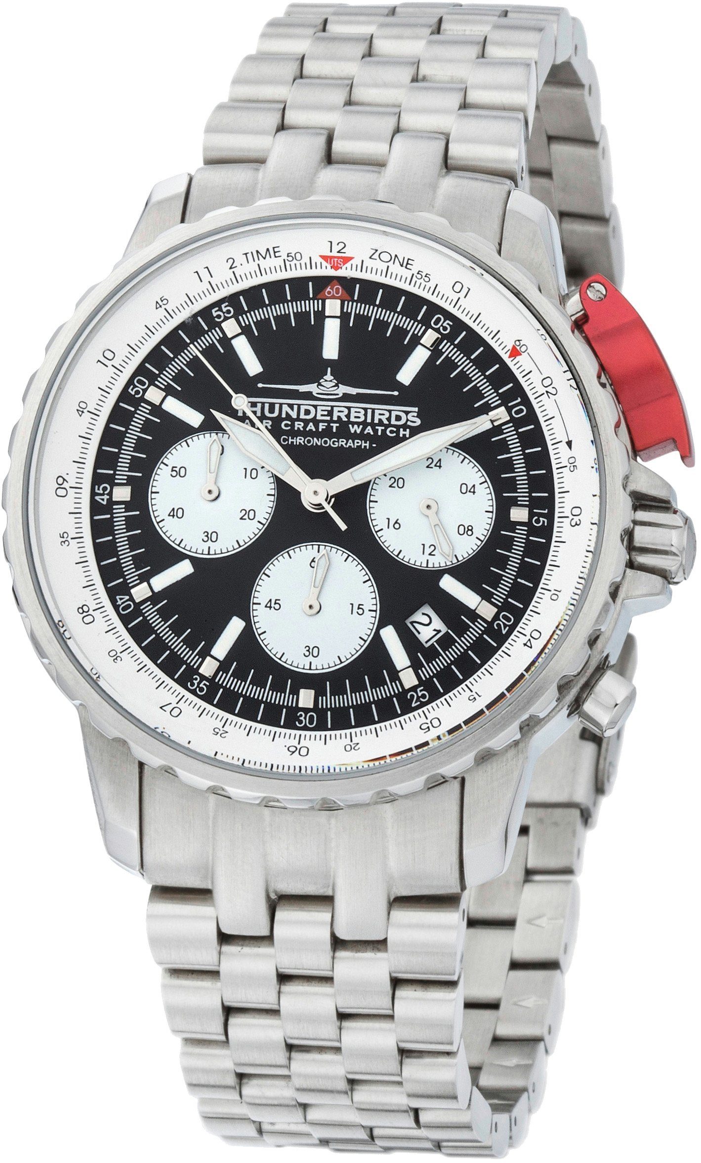 Thunderbirds Fliegeruhr TB1052-01 Fighting Steel Chronograph – Herrenuhr mit Edelstahlband, 43 mm Edelstahlgehäuse, präziser Chronograph im Fliegerdesign