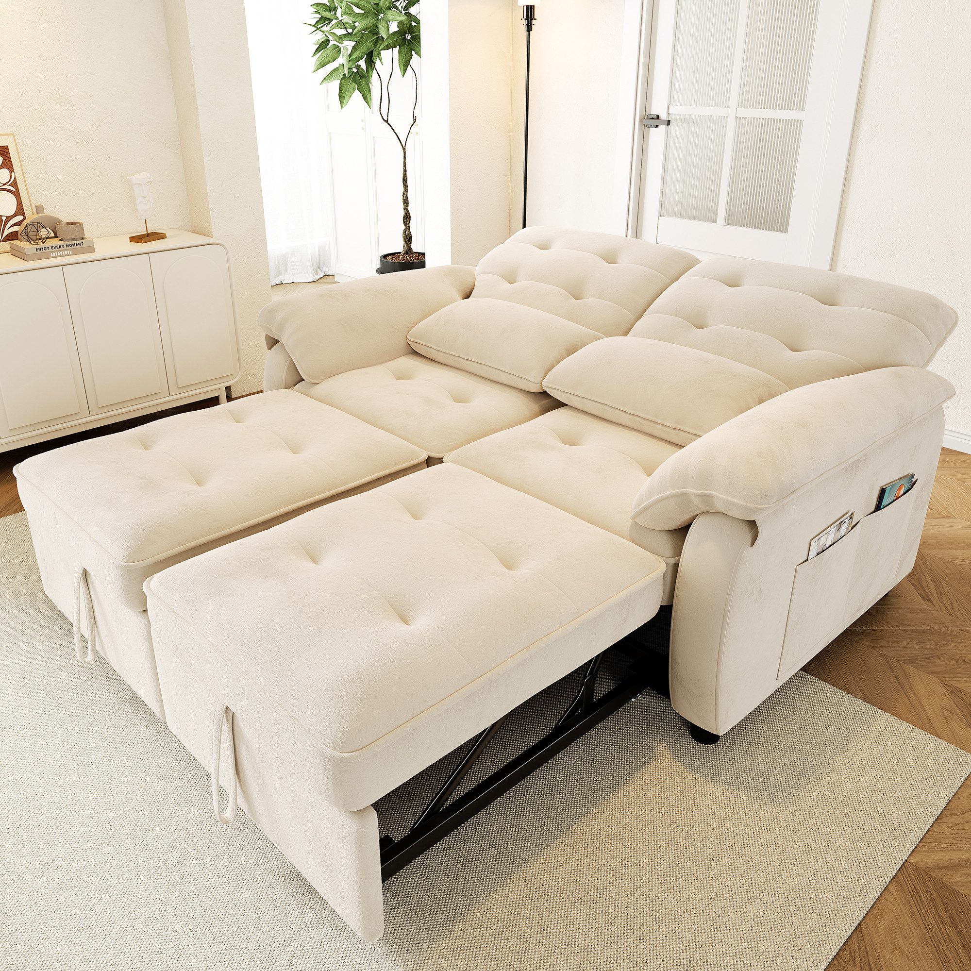 Merax Schlafsofa faltbar mit 3-fach verstellbarer Rückenlehne, Chenille, Sofabett Tagesbett Sofa 1 Teile, 3-in-1 Doppelschlafsofa mit Seitentasche, 2 Kissen & USB-Anschluss