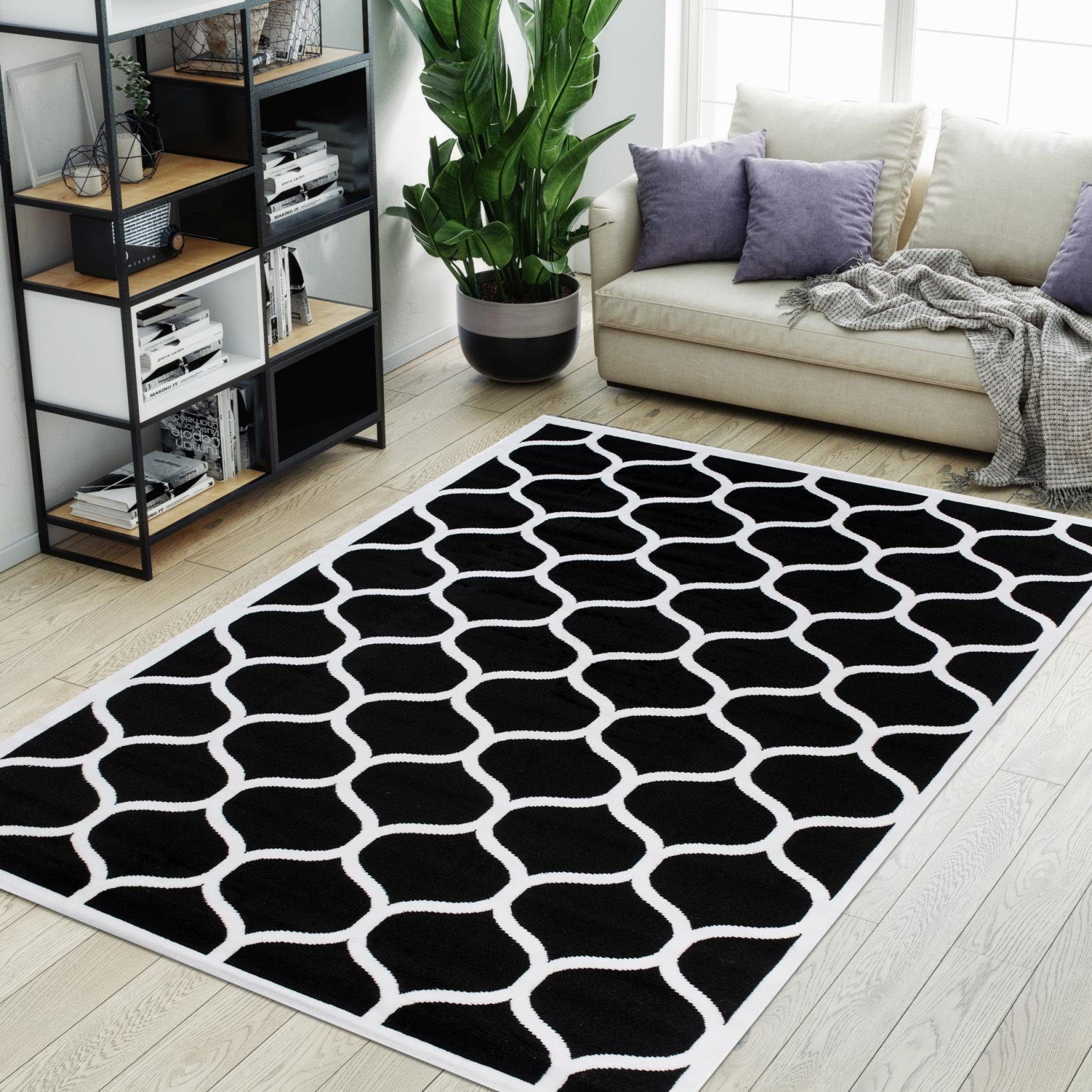 Mazovia, Muster Geeignet Teppich Geometrische weiß Höhe Kurzflor, Modern mm, Fußbodenheizung, 7 Kurzflor 70 - Designteppich für x schwarz 140 cm,