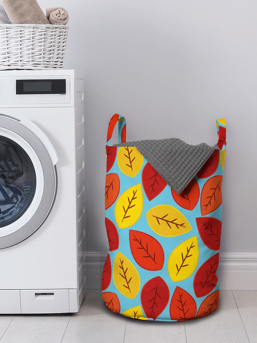 Abakuhaus Wäschesäckchen Waschsalons, mit Cartoon-Art-Muster für Kordelzugverschluss Griffen Herbstlaub Wäschekorb