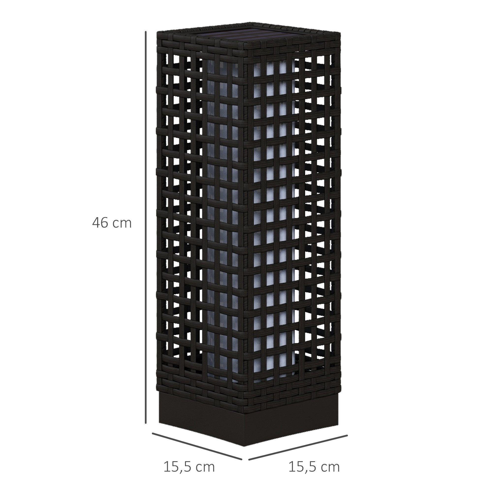 Outsunny LED Solarleuchte Rattan Solarlampe, Wasserdichte Wegleuchte mit Lichtsensor, Solarbetrieben, Lichtsensor, Wasserdicht, LED, Weiß, Stahl, Schwarz, 15,5 x 15,5 x 46 cm