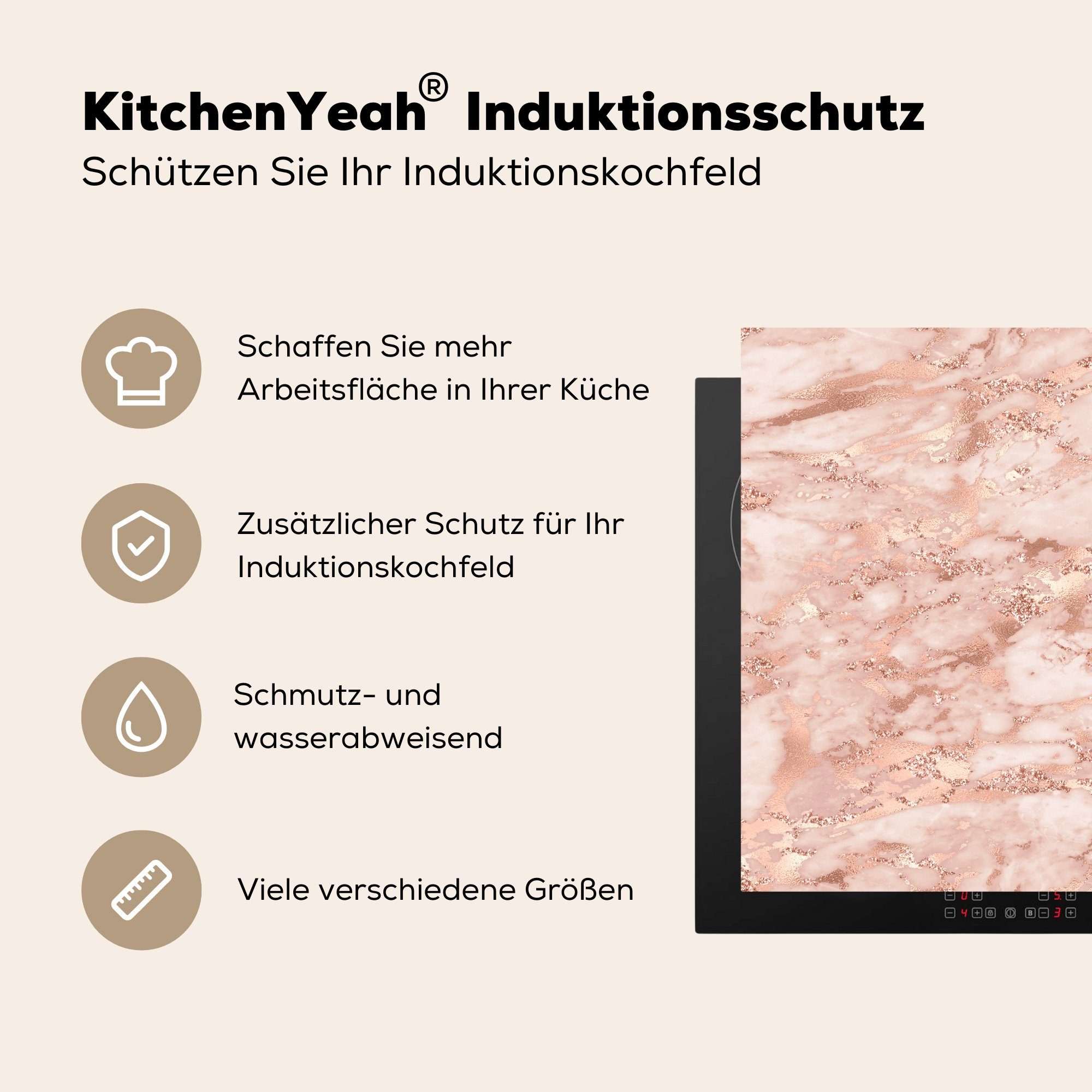 78x78 Roségold, Marmor - küche (1 MuchoWow - für tlg), Vinyl, Herdblende-/Abdeckplatte Weiß Arbeitsplatte cm, Ceranfeldabdeckung,