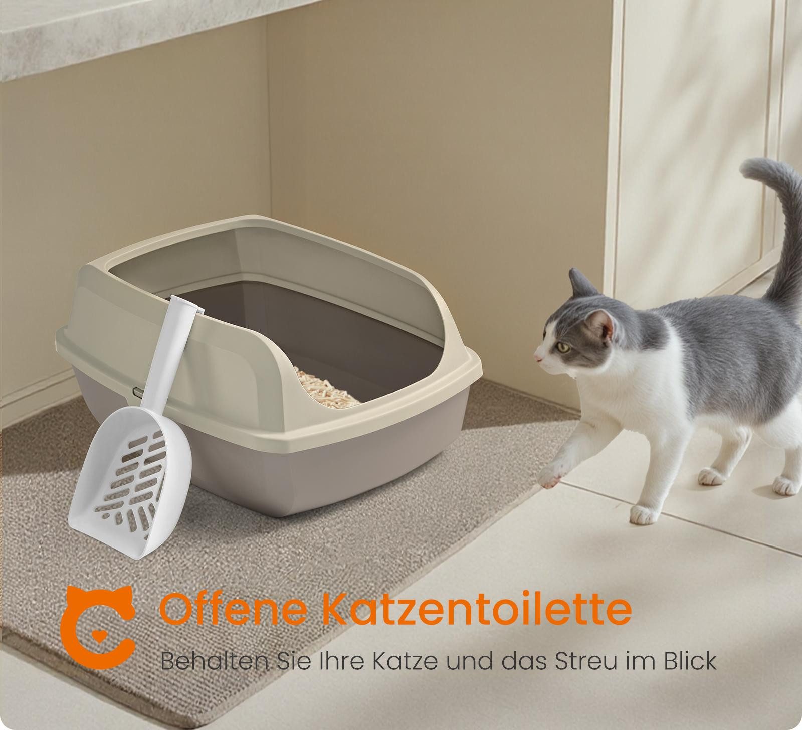 FEANDREA Katzentoilette Katzenklo, offene Katzentoilette, für Kätzchen und große Katzen, mit hohen Seitenwänden, XL, mit Schaufel, 50,5 x 37,5 x 19,5 cm