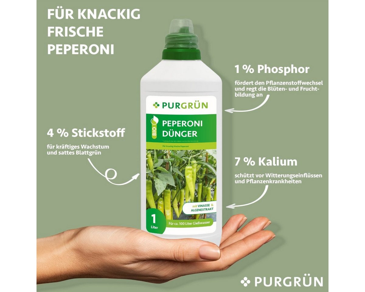 Thumbnail - Purgrün Gemüsedünger Purgrün Bio Peperoni Dünger, NPK 4+1+7, Algenextrakt, 1 Liter, Flüssigdünger, extra Kalium für eine...