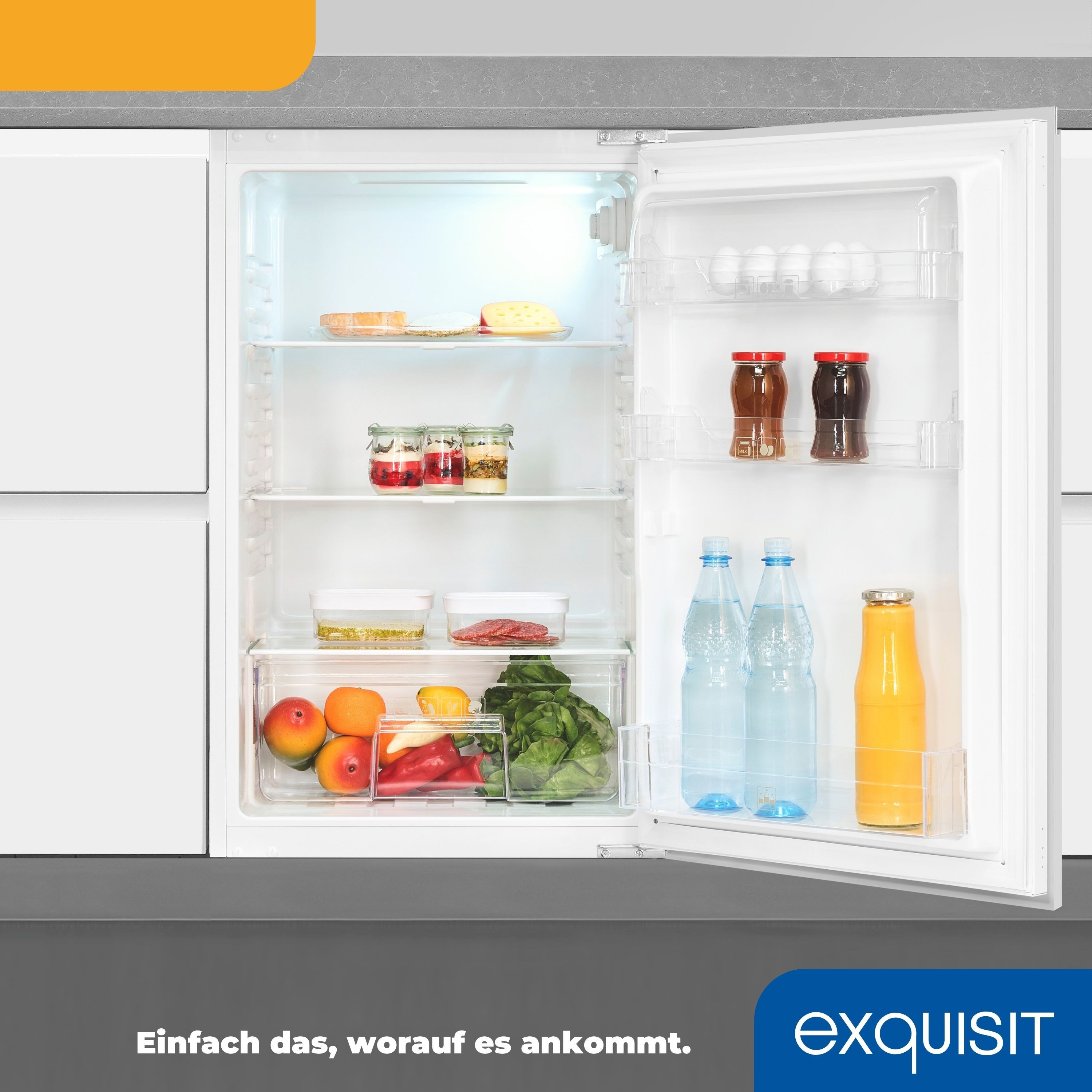 exquisit Einbaukühlschrank EKS131-V-040E, 88 cm hoch, 54 cm breit, Schlepptür-Montage: Gerätetür wird mit der Schranktür mitgeschleppt