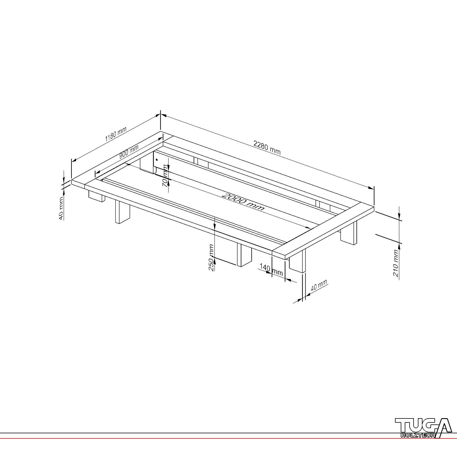 TUGA-Holztech Massivholzbett Holzbett Japanbett Naturholzbett 90x200 Fichte Einzelbett Massivholz, Größen B=80 90 100 120 140 160 180 200cm L=200 220cm Fichte, Zirbe