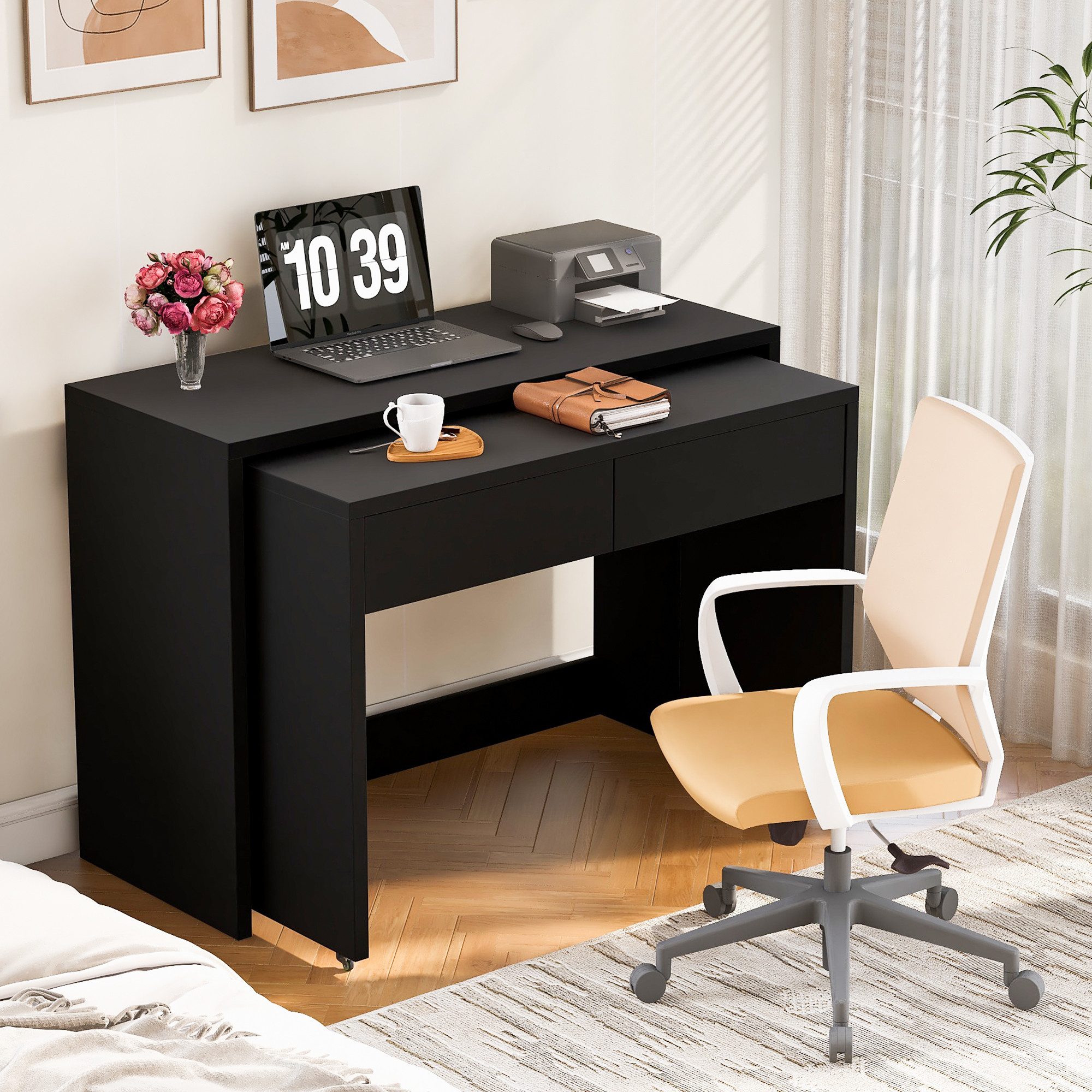 Merax Schreibtisch 2-in-1 ausziehbarer Kompaktschreibtisch (110×40×78 cm, 1-St., platzsparend & multifunktional, für kleine Wohnungen & Homeoffice), Faltbarer Regalschreibtisch Kommode mit Rollen, flexibel kombinierbar