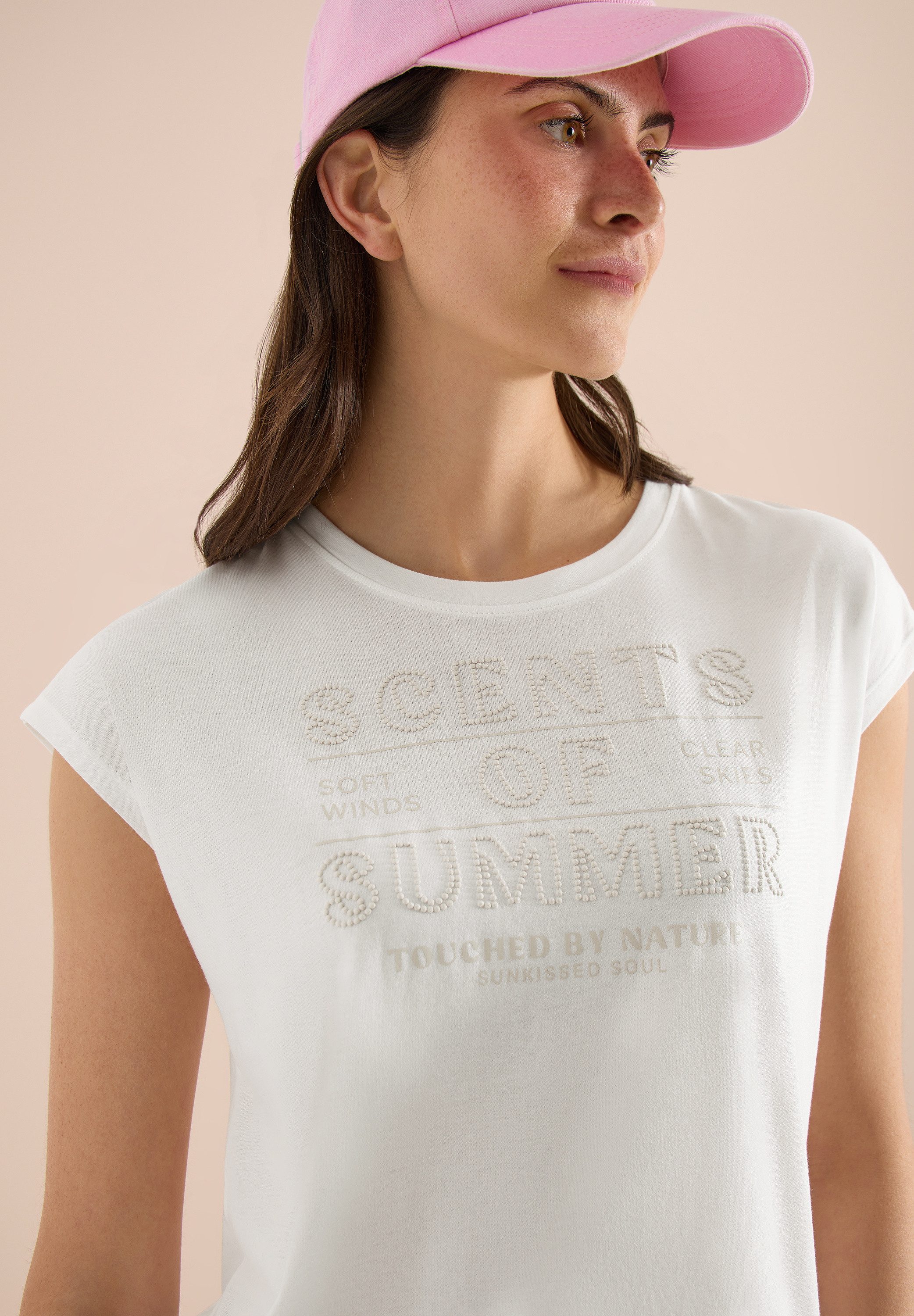 CECIL Kurzarmshirt Sommershirt mit Rundhals und Wording Artwork