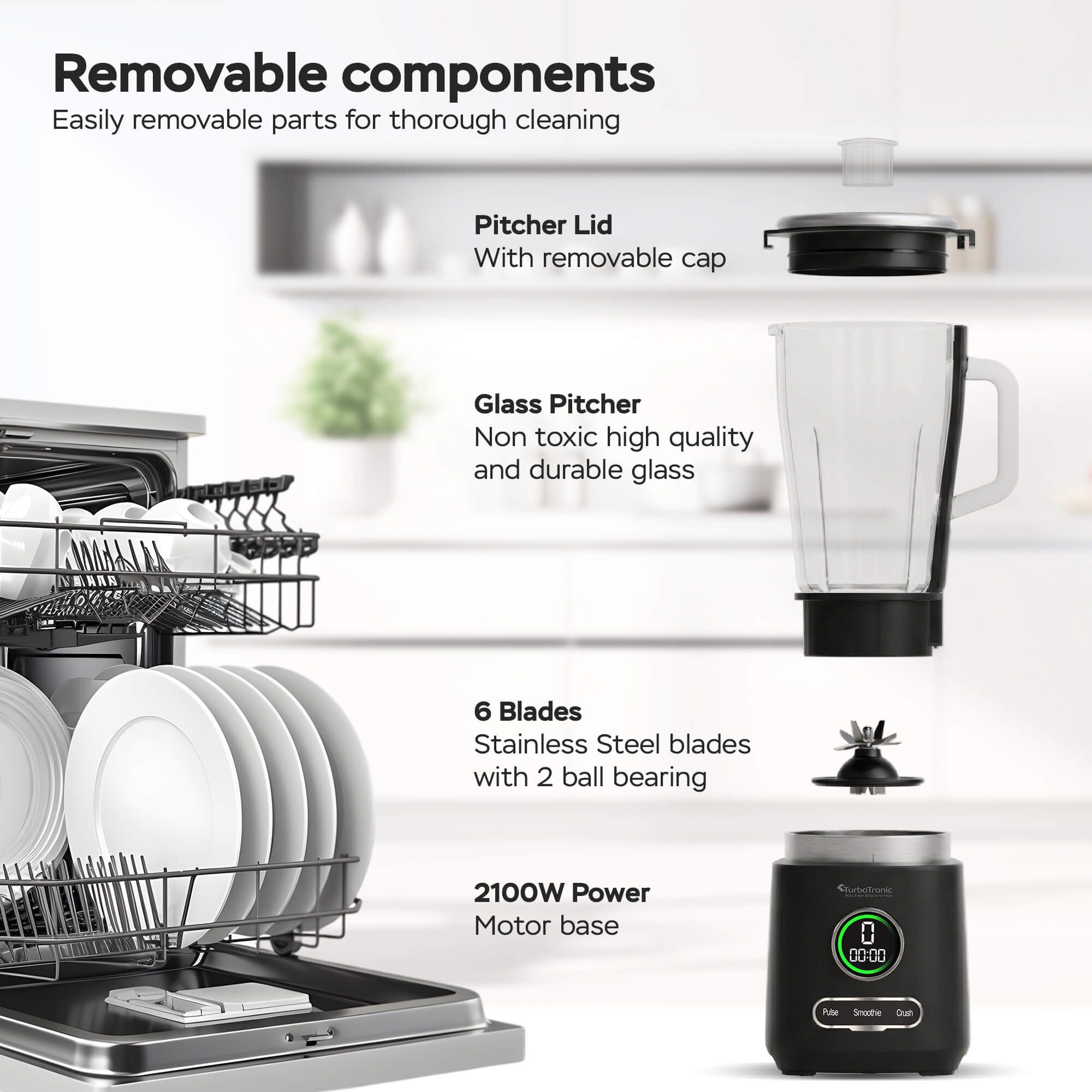 TurboTronic by Z-Line Standmixer Glas Edelstahl 2100 Watt Smoothie Maker Ice Crusher Profi Mixer 2,0L, 2100 W, Maker Ice Crush Funktion Milchshaker Blender Glas BPA FREI