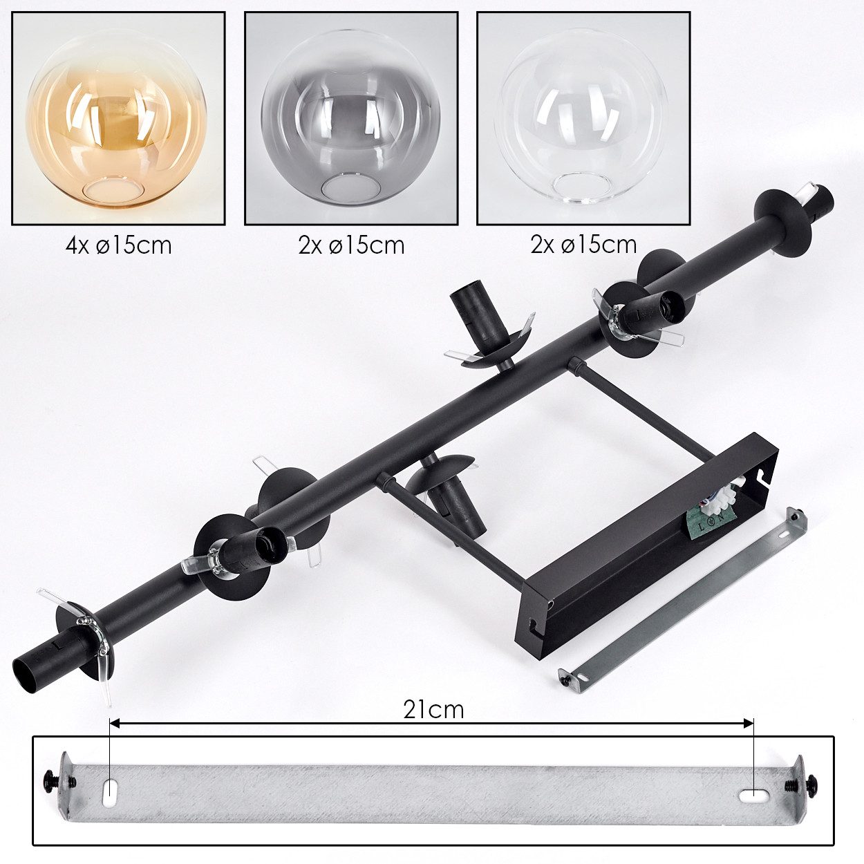 hofstein Deckenleuchte 8-flammige Deckenlampe aus Metall/Glas in Schwarz/Bernstein/Rauch/Klar, ohne Leuchtmittel, im Vintage-Design (Schirme Ø 15 cm), E14
