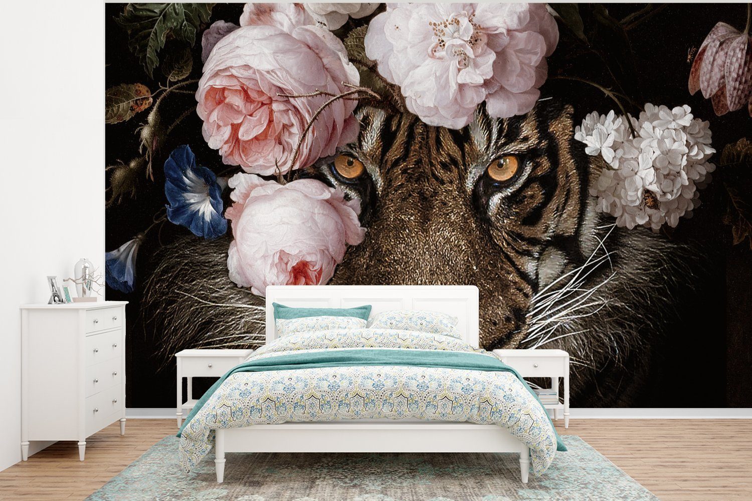 MuchoWow Fototapete Tiger - Blumen - Rosen, Matt, bedruckt, (6 St), Wallpaper für Wohnzimmer, Schlafzimmer, Kinderzimmer, Vinyl Tapete