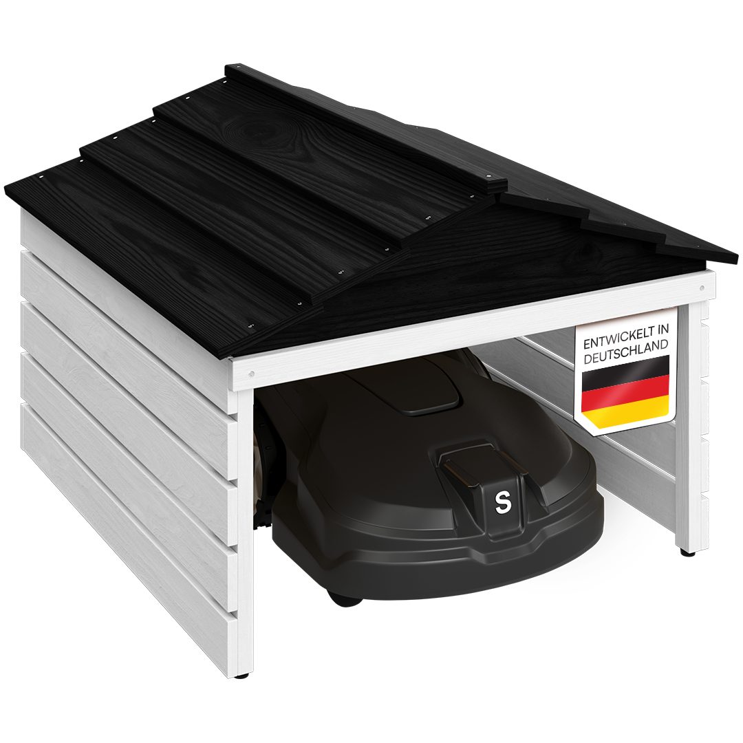 STEELSØN Mähroboter-Garage Nembus aus Kiefernholz, (weiß/schwarz, mit abnehmbaren Dach), Mähroboterhaus mit Kabeldurchlass, Rasenmäher Unterstand 53x74x78 cm