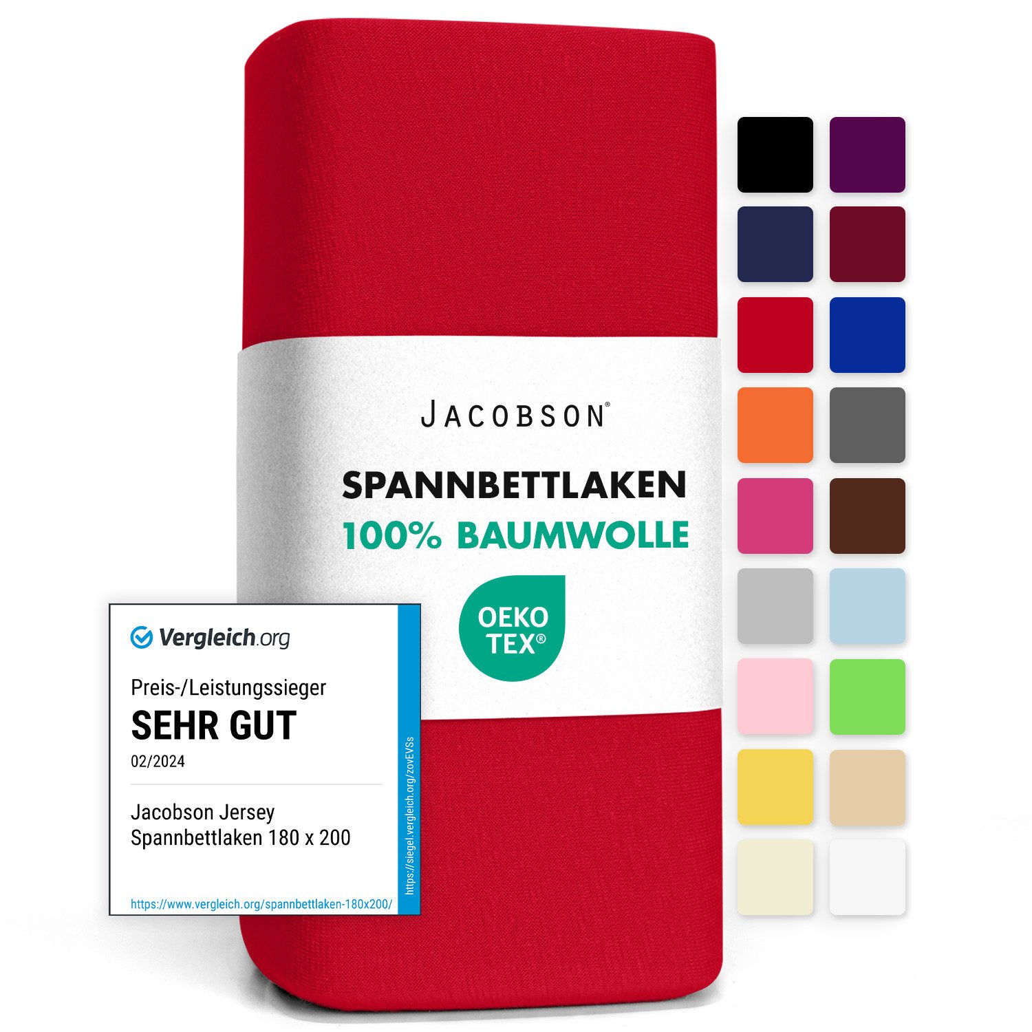 Jacobson Spannbettlaken aus 100% Baumwolle, Jersey Bettlaken 160 g/m², Spannbetttuch mit Gummizug, OEKO-TEX®, pflegeleicht, viele Farben