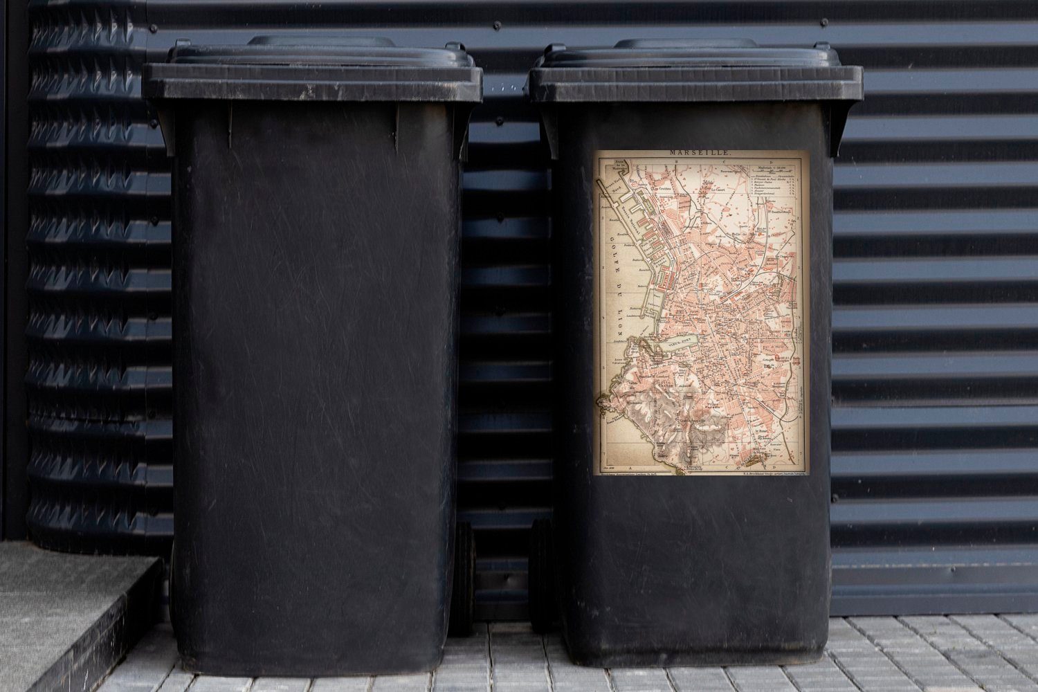 MuchoWow St), Stadtplans europäischen Marseille historischen Illustration Abfalbehälter Sticker, Mülleimer-aufkleber, Mülltonne, Wandsticker eines (1 Container, des