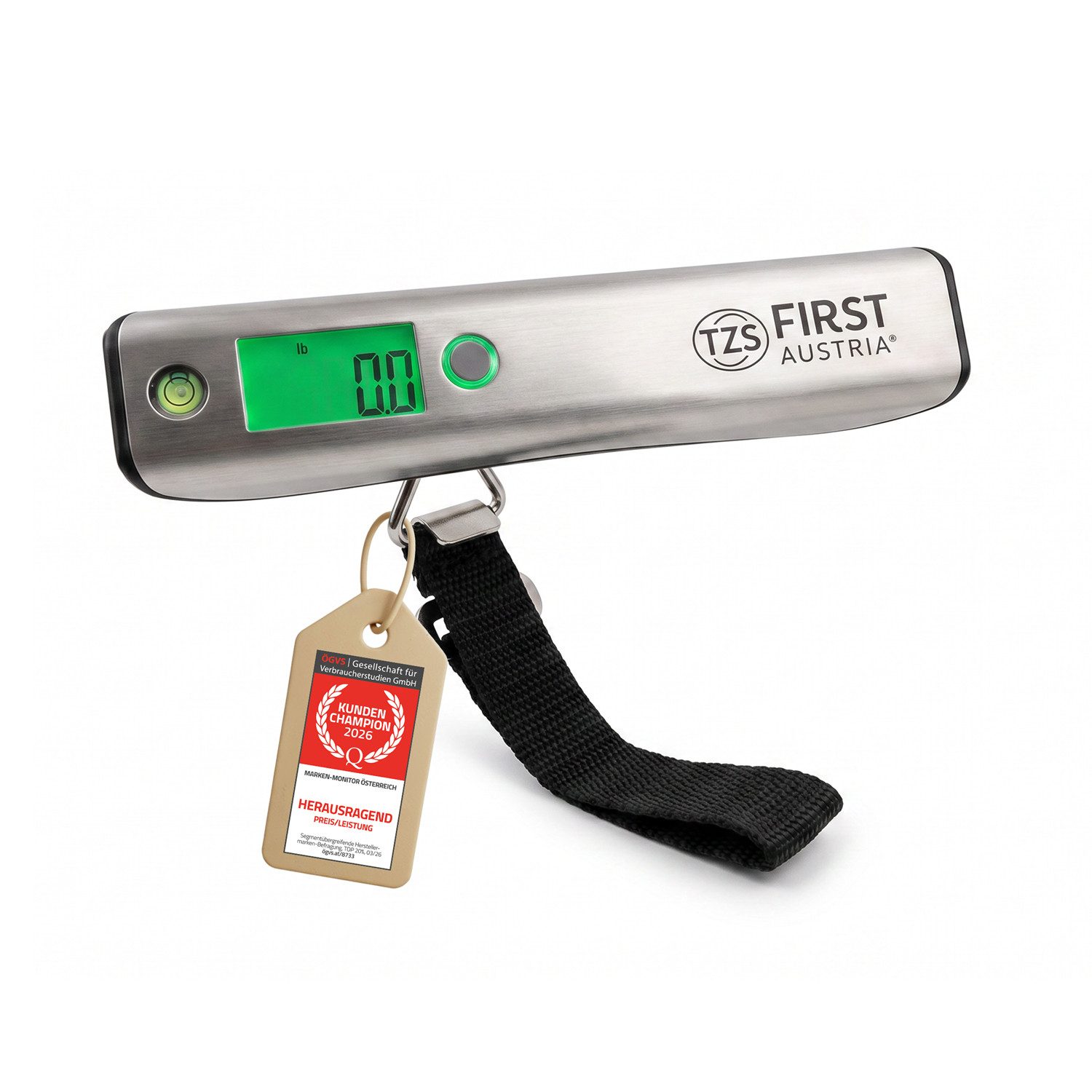 TZS FIRST AUSTRIA Kofferwaage Tragbar bis 50 kg, Einheiten kg/lb, Überlastungsanzeige, Auto-Off, Tragkraft 50 kg, (1-tlg), Gepäckwaage mit Tara-Funktion, LCD-Display, praktisch für Reisen