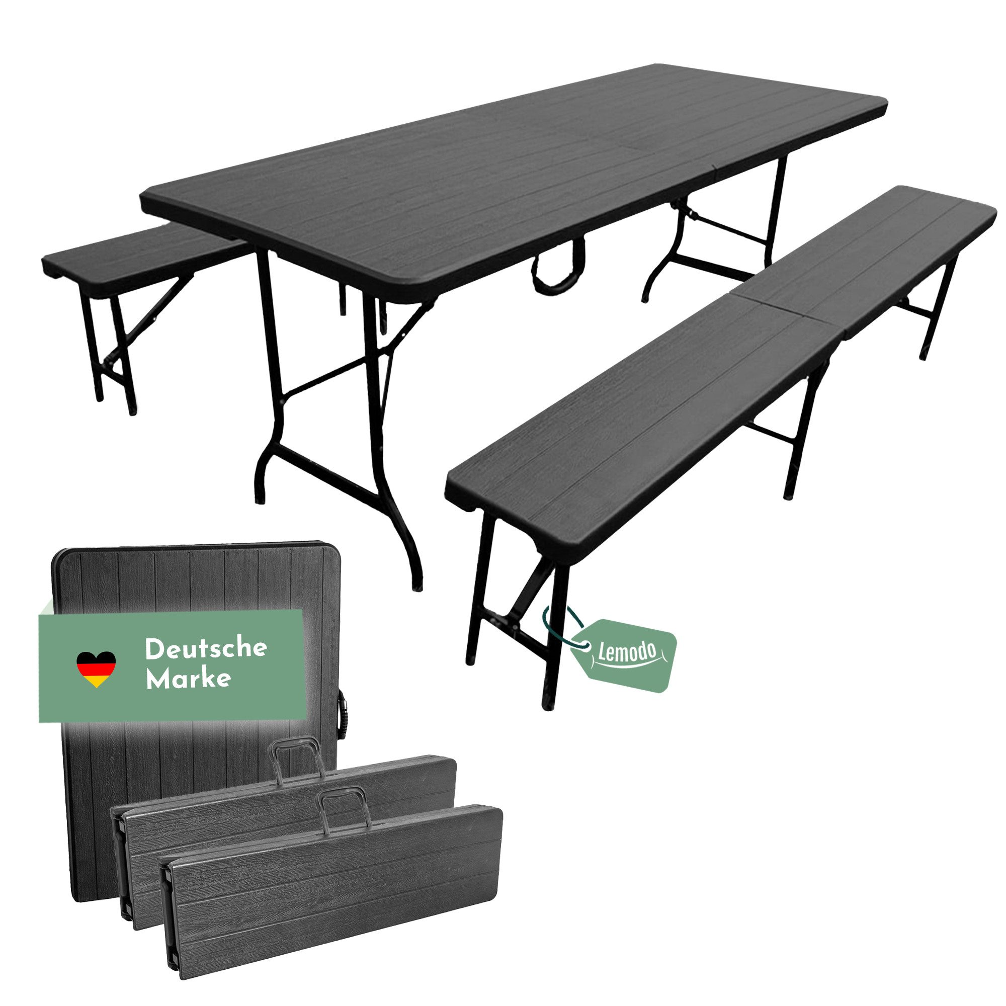 Lemodo Bierzeltgarnitur Klapptisch mit zwei Klappbänken, Kunststoff in Holz-Optik, (3-tlg)