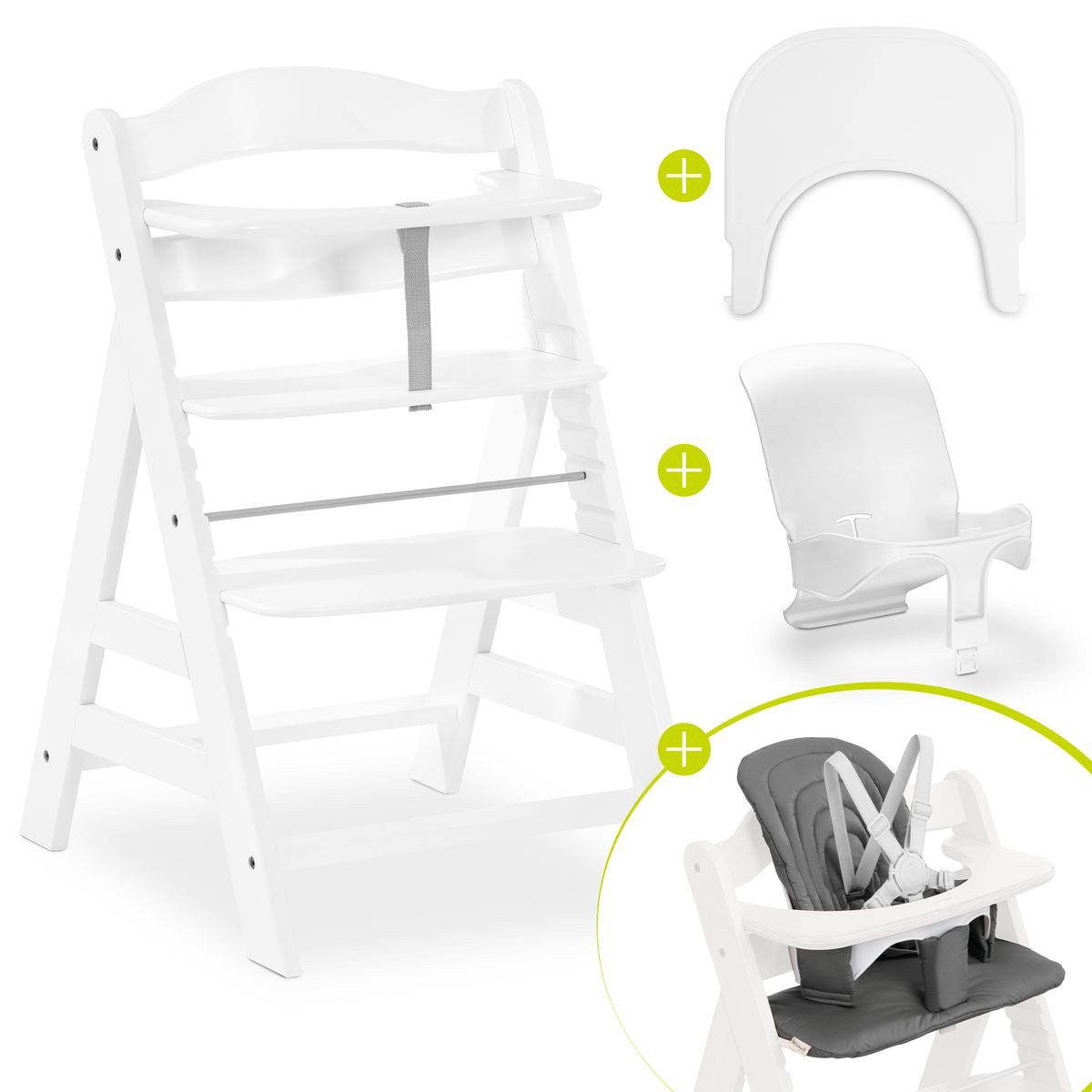 Hauck Hochstuhl Alpha Plus White (Set), Holz Baby Kinderhochstuhl mit Tablett Click Tray, Baby-Sitz & Sitzpad